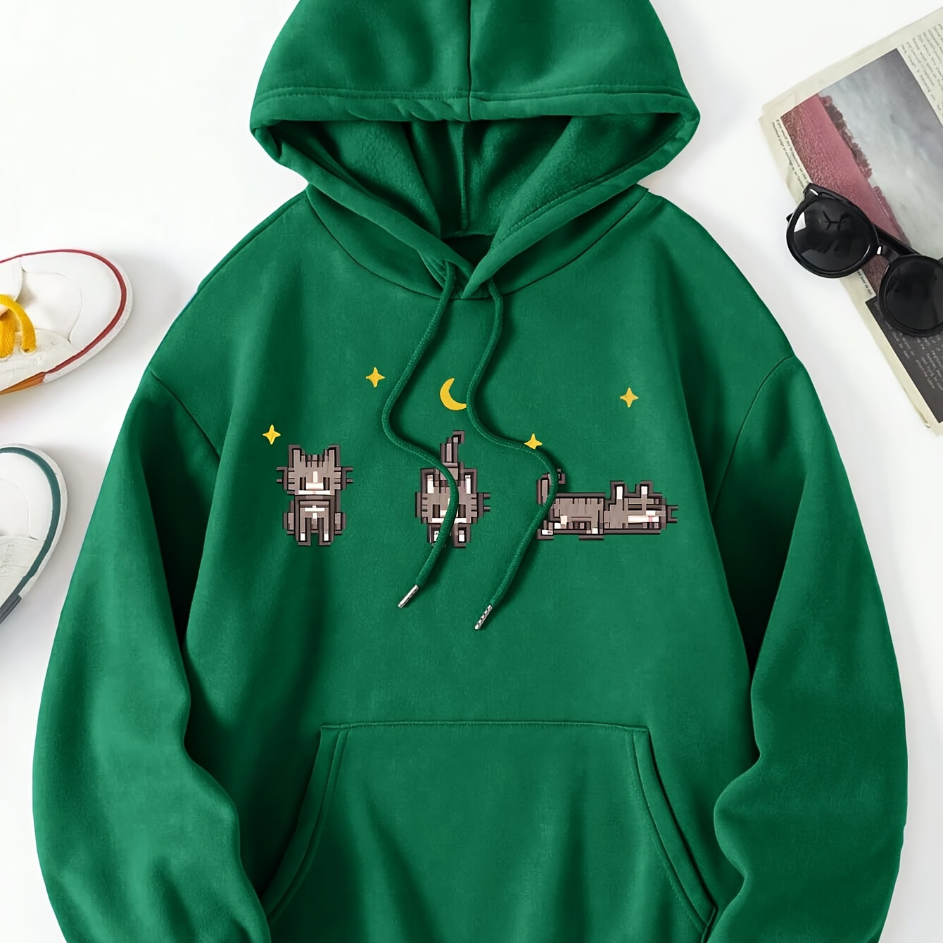 

Cat Graphic Print Hoodie - Women's Casual Winter Sweatshirt With Drawstring And Hood