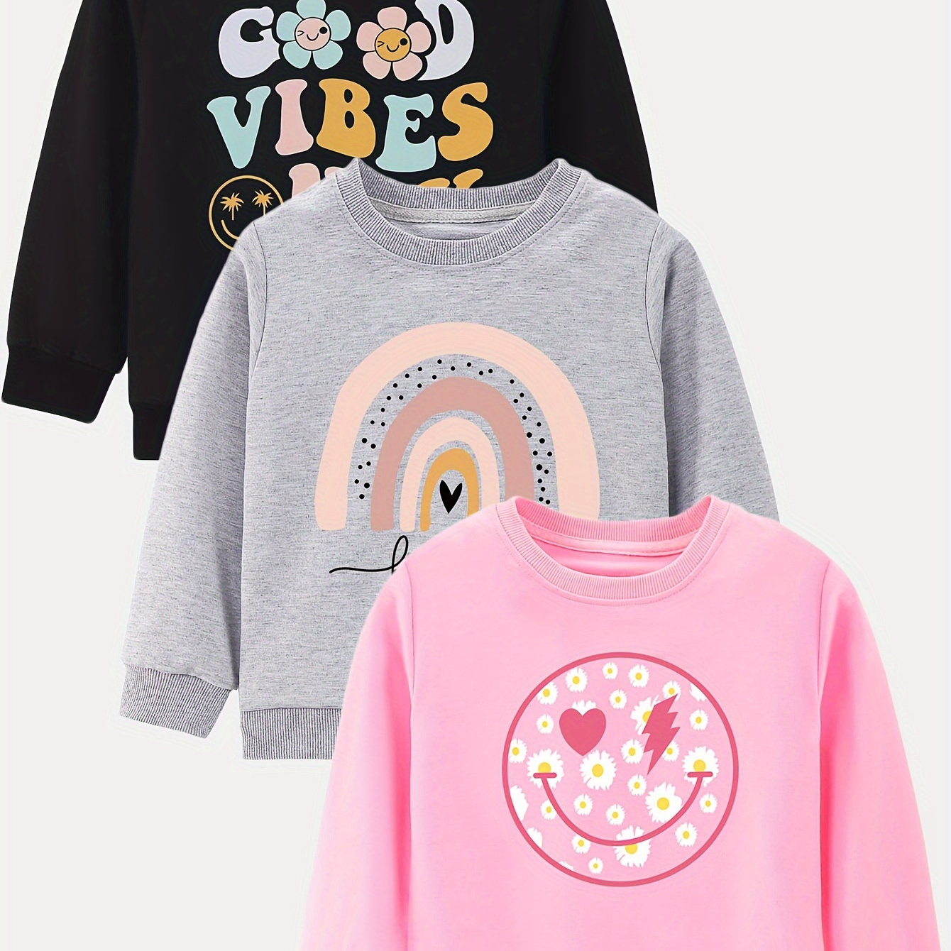 

3pcs Cute Girls Sweatshirts Set, Rainbow Face & Only'' Slogan Print, Fashion Long Sleeve Crew Neck Pullover Sweatshirt