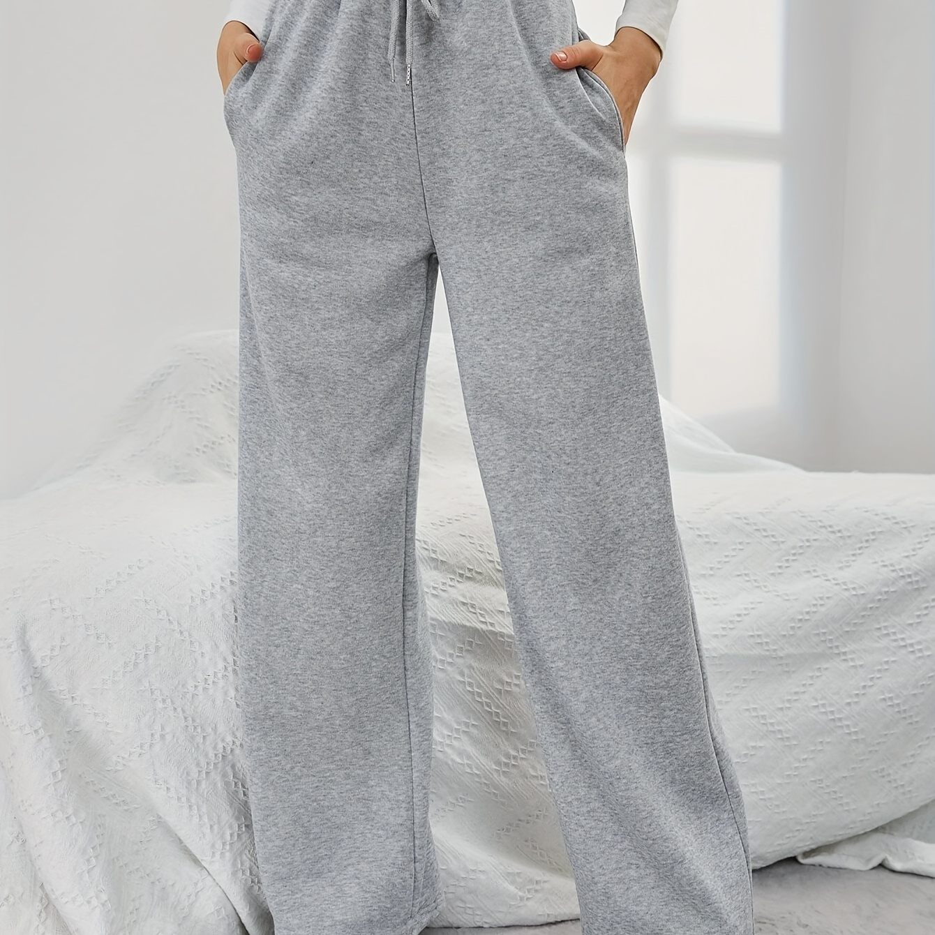 

fr: Pantalon de jogging en molleton de couleur unie, avec cordon de serrage, poche inclinée décontractée, pantalon large pour et l'hiver, vêtements pour femmes