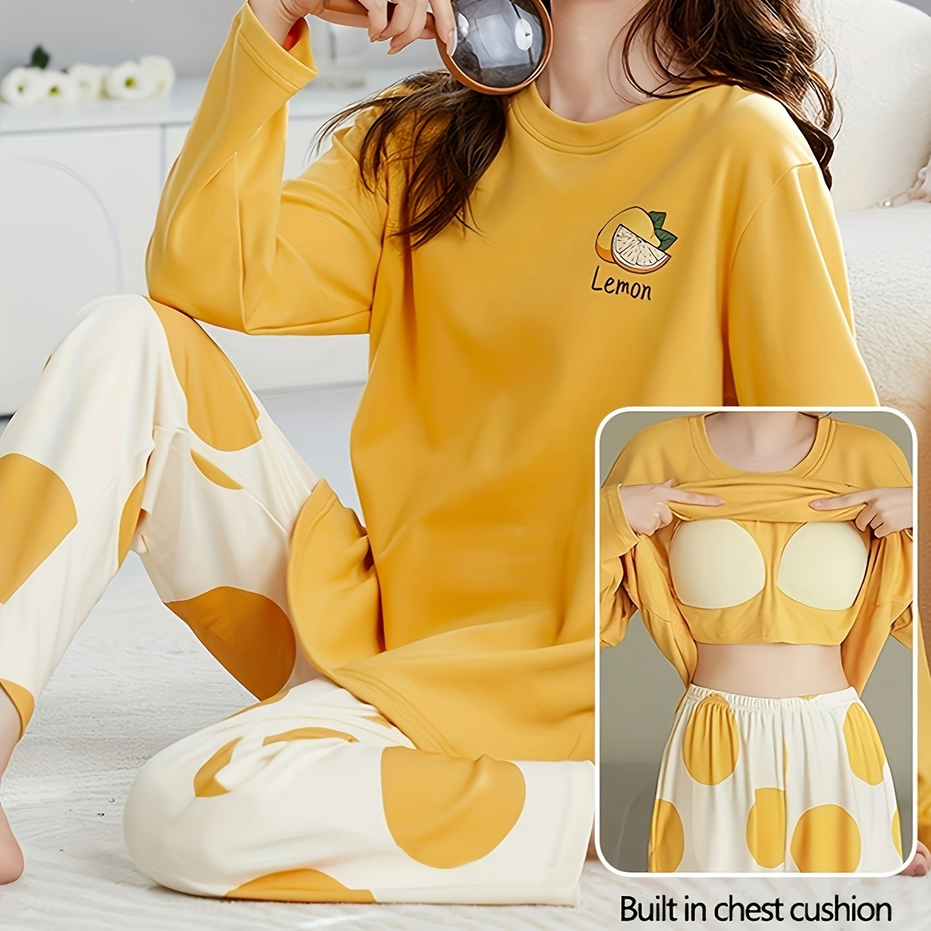 

Lemon Pattern Long Sleeve Pajama Set For Women - Casual Knit Fabric, Polyester, Pullover Top With Long Pants, No Belt, Spring/fall Collection, Adult Size