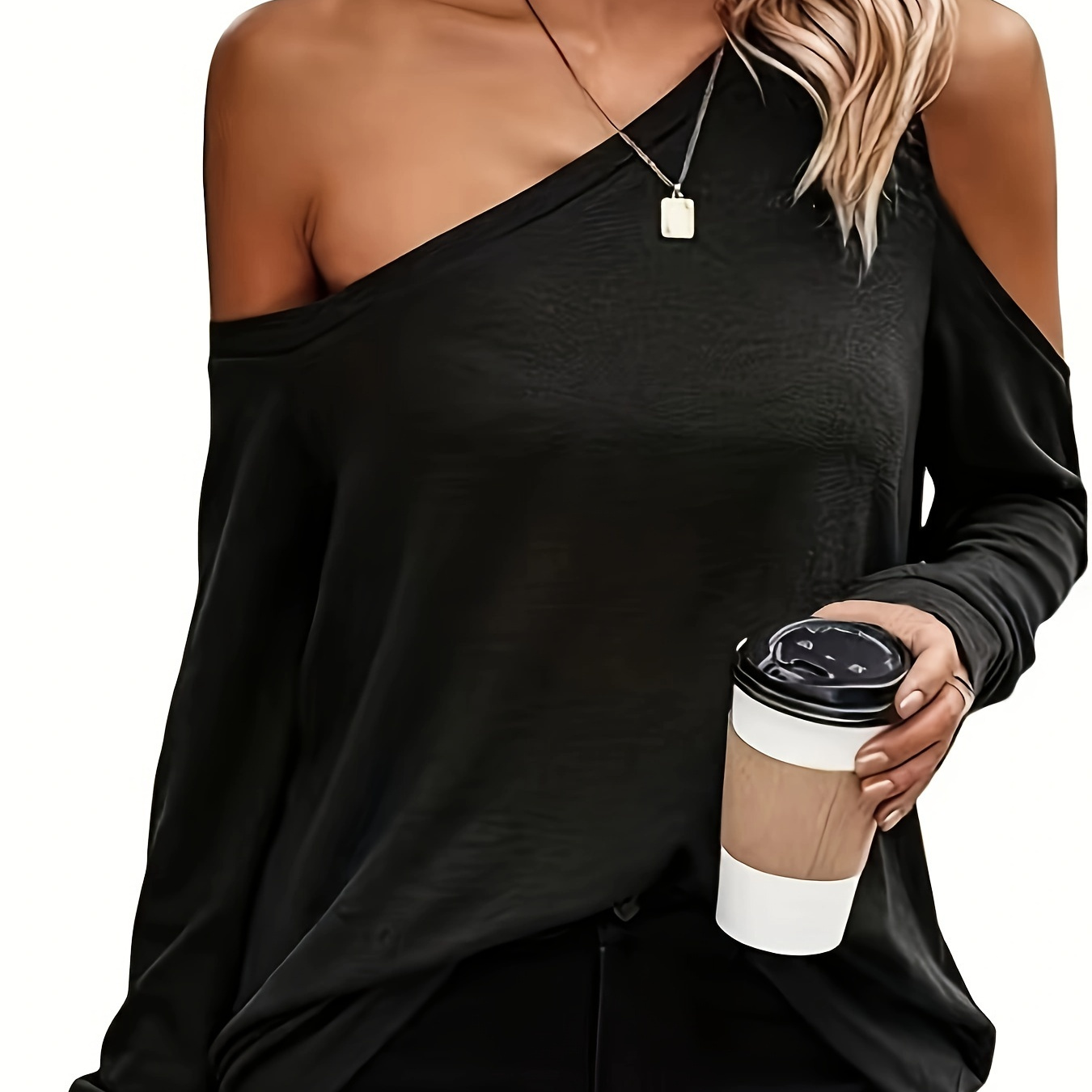 

Slant Shoulder Cut Out T-shirt, Casual Long Sleeve Asymmetrical T-shirt For Spring & Fall, Women's Clothing