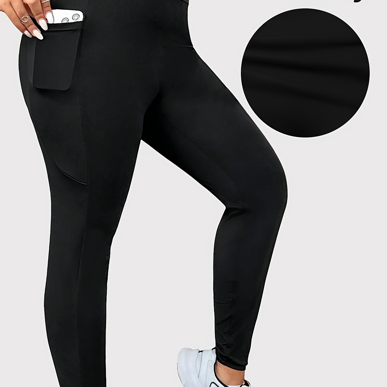 

Plus Size Solid Side Pocket Skinny Leggings, Casual High Waist Stretchy Leggings For Spring & Summer, Women's Plus Size Clothing