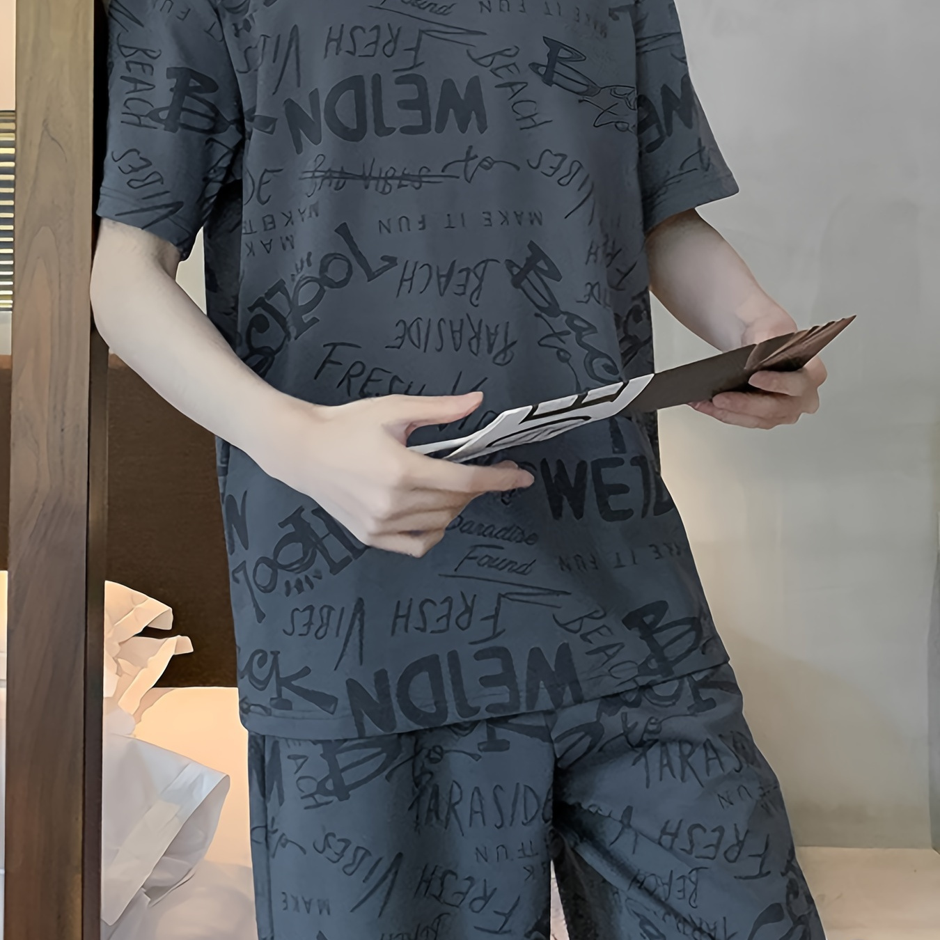

Men's Trendy Casual Creative Letter Comfy Tees & Shorts, Crew Neck Short Sleeve T-shirt & Loose Shorts With Home Pajamas Sets, Casual Sets For Summer
