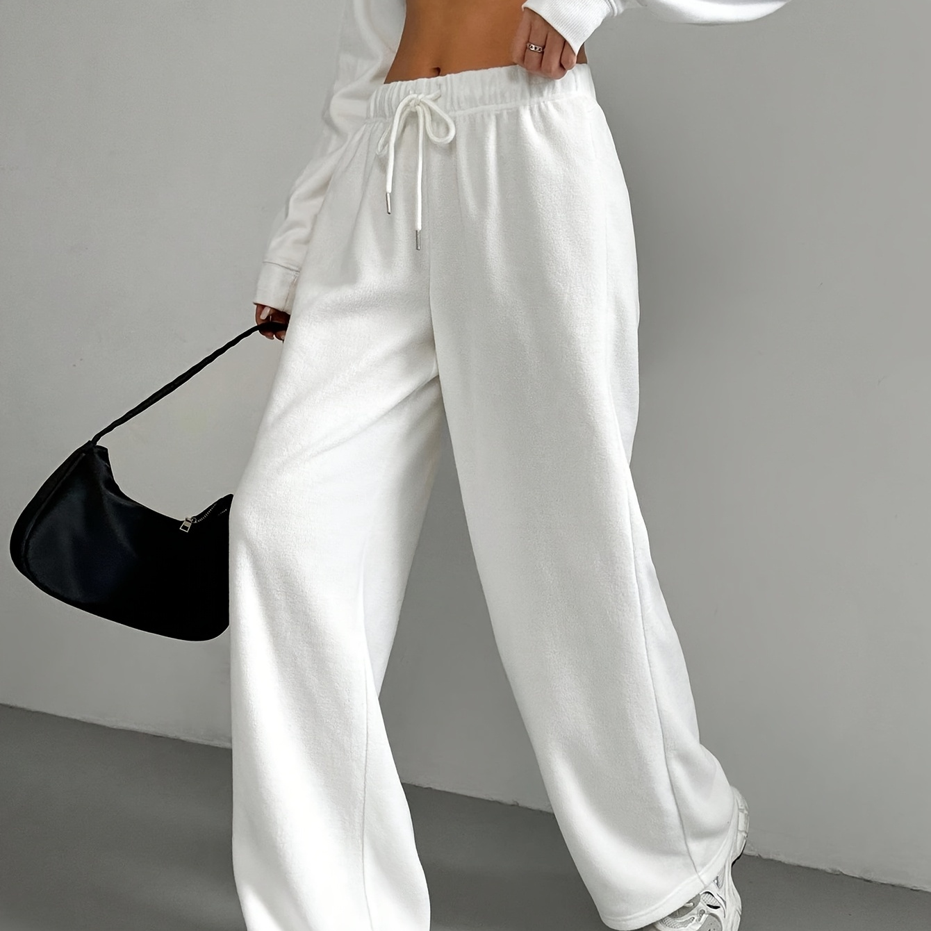 

Home Relaxation] Women' Color White Drawstring Wide-leg Pants - Casual, Comfortable Polyester Knit With Pockets, Machine Washable For Wear