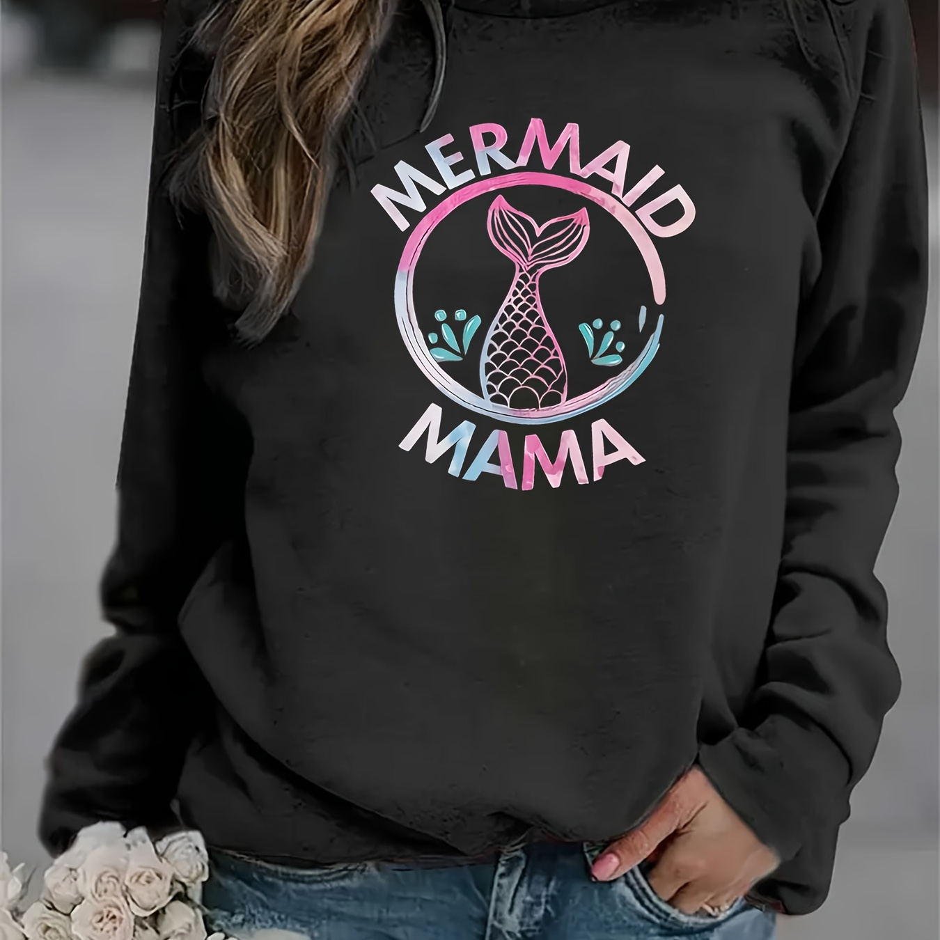 

Mermaid & Letter Print Pullover Sweatshirt, Casual Long Sleeve Crew Neck Sweatshirt, Women's Clothing