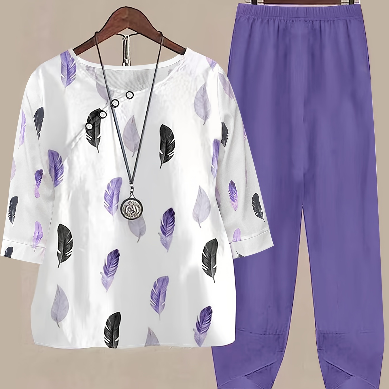 

Feather Print Cozy Set, Button Short Sleeve Blouse & Solid Color Waist Pants, Women's Clothing