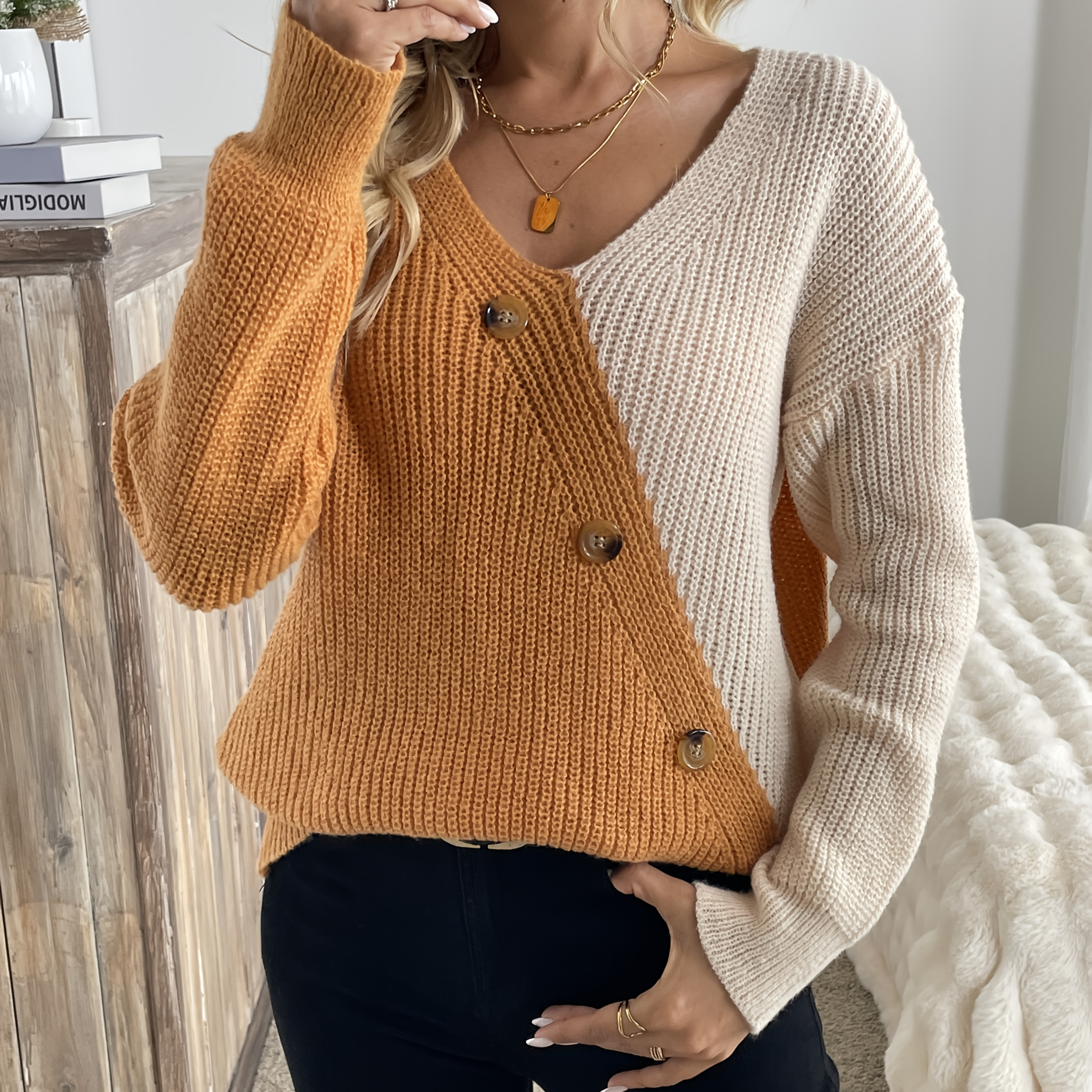 

V Neck Pullover Sweater, Casual Button Long Sleeve Drop Shoulder Sweater, Women's Clothing