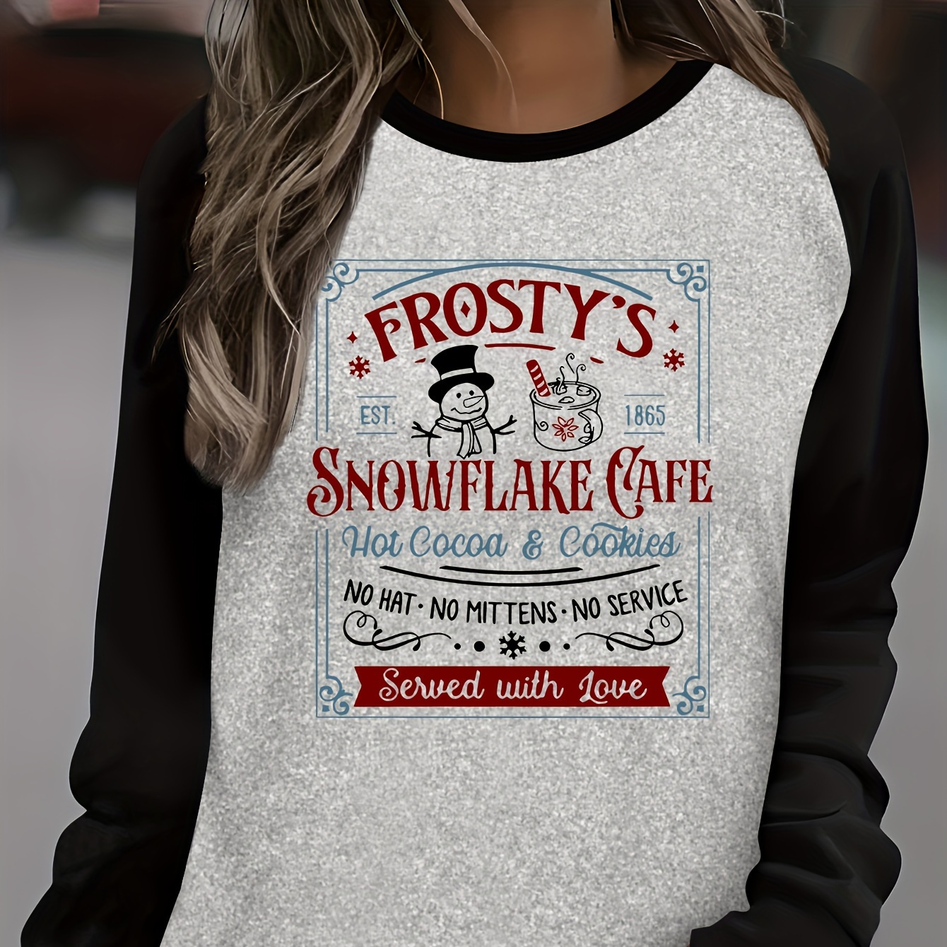 

Snowflake Cafe Graphic Raglan Long Sleeve T-shirt - Polyester Blend Casual Crew Neck Christmas Top With Applique Detail, Knit Fabric - Suitable For All Seasons