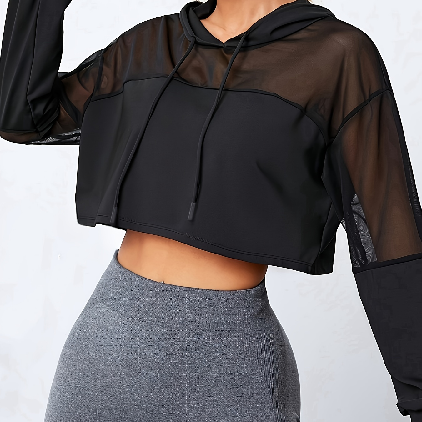 

Women's Casual Hooded T-shirt With Sheer Batwing Sleeves - Sporty Black Knit Top, Waistband, Machine Washable