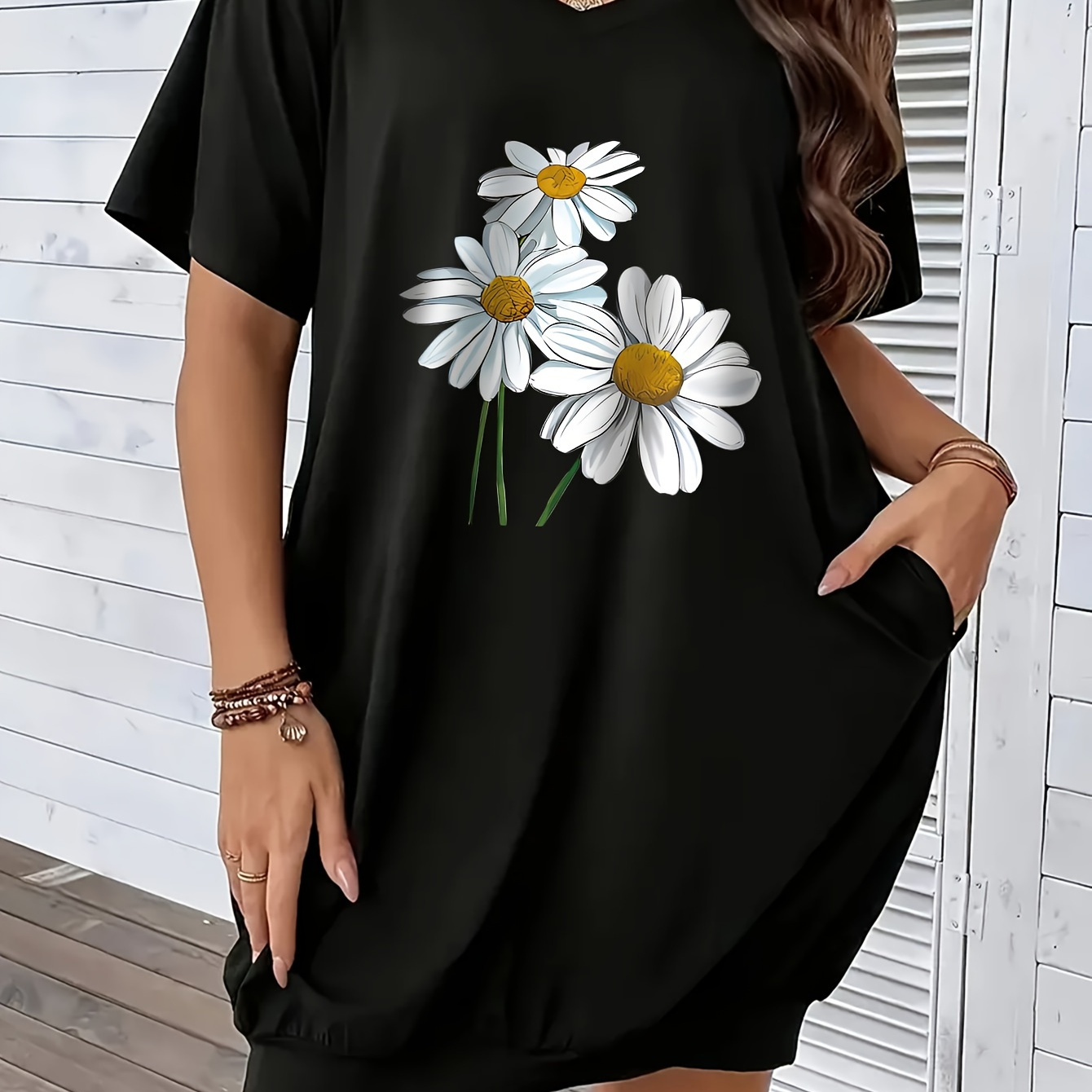 

Robe t-shirt à imprimé marguerite grande taille, robe décontractée à col en V et manches courtes avec poche pour et l'été, vêtements grande taille pour femmes