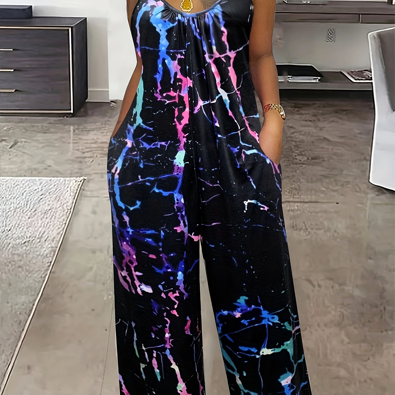 

Marble Print Crew Neck Cami Jumpsuit, Casual Sleeveless With Pocket Jumpsuit, Women's Clothing