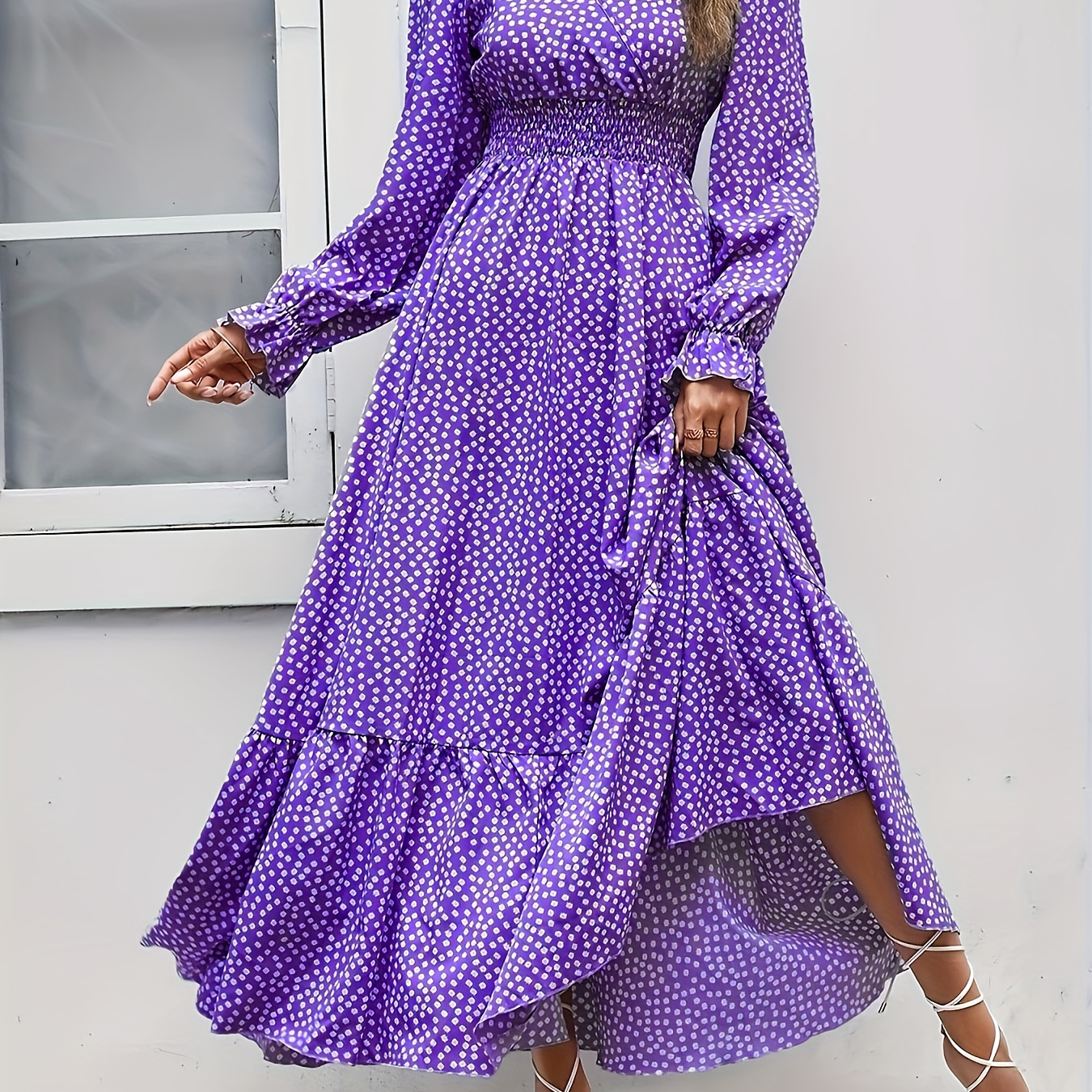 

Dot Print V-neck Shirred Waist Dress, Elegant Long Sleeve Ruffle Hem Aline Maxi Dress For Spring & Fall, Women's Clothing