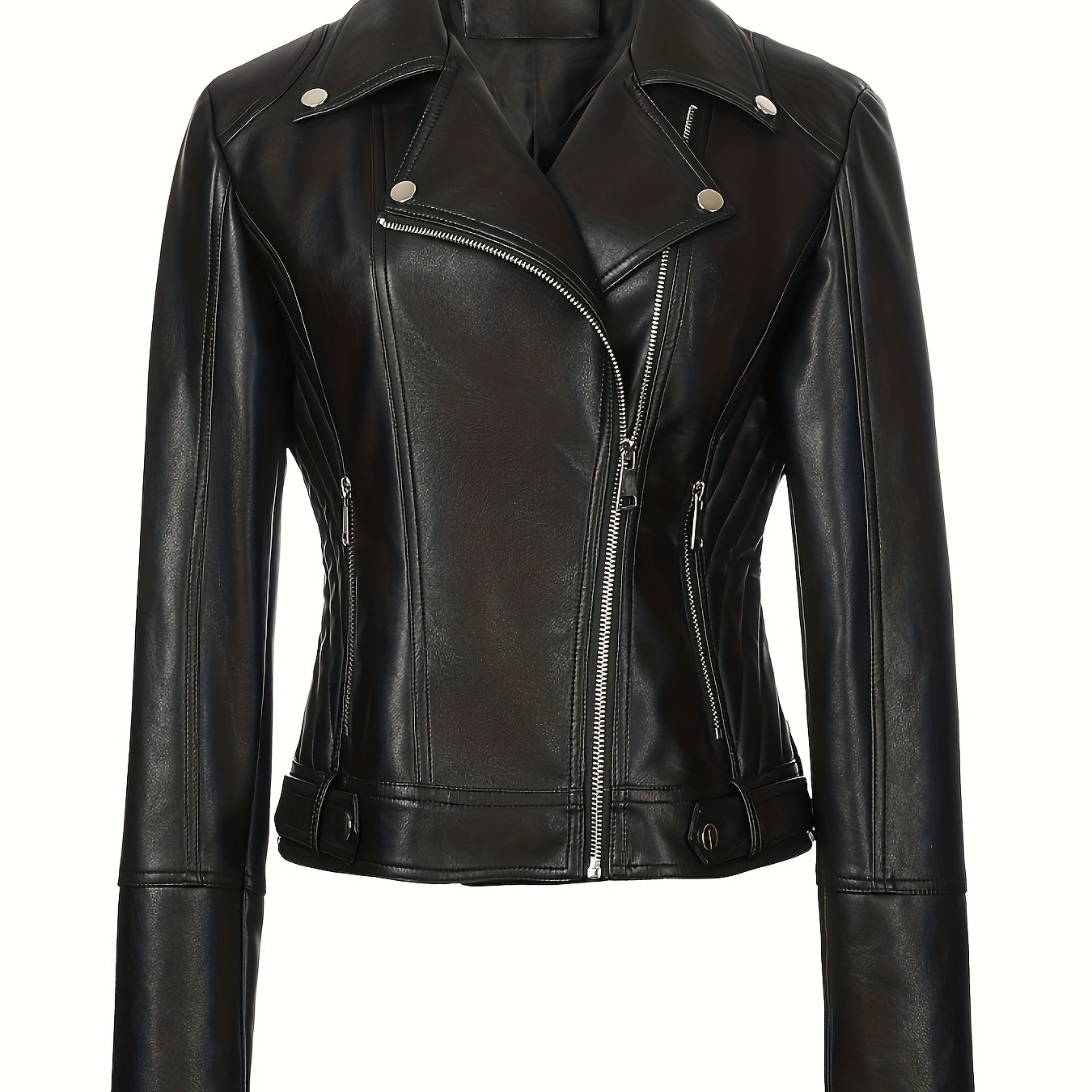 

Women's Leather Biker Jacket, Sexy Long Sleeve Motorcycle Jacket, Non-stretch Solid Color Lapel Collar, Regular Length, With Zipper Detail, For Spring/fall, Woven Polyester Lined