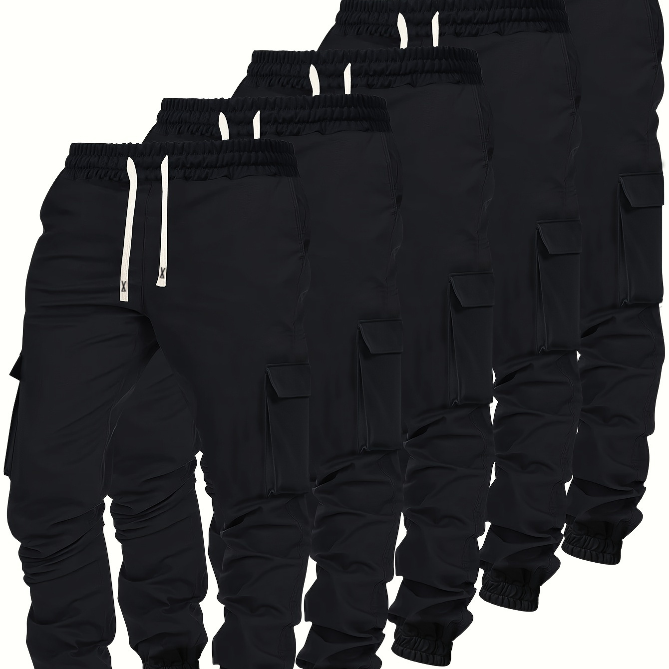 

5 pantalons cargo pour hommes, printemps et automne, multipoches, couleur unie, taille élastique, cordon de serrage, pantalons de sport confortables et décontractés.