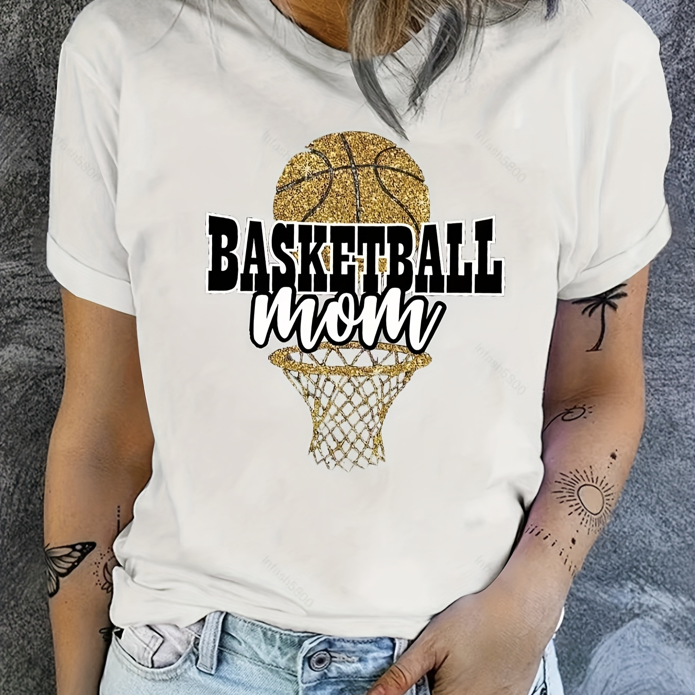 

Basketball Mom Print Crew Neck T-shirt, Casual Short Sleeve T-shirt For Spring & Summer, Women's Clothing