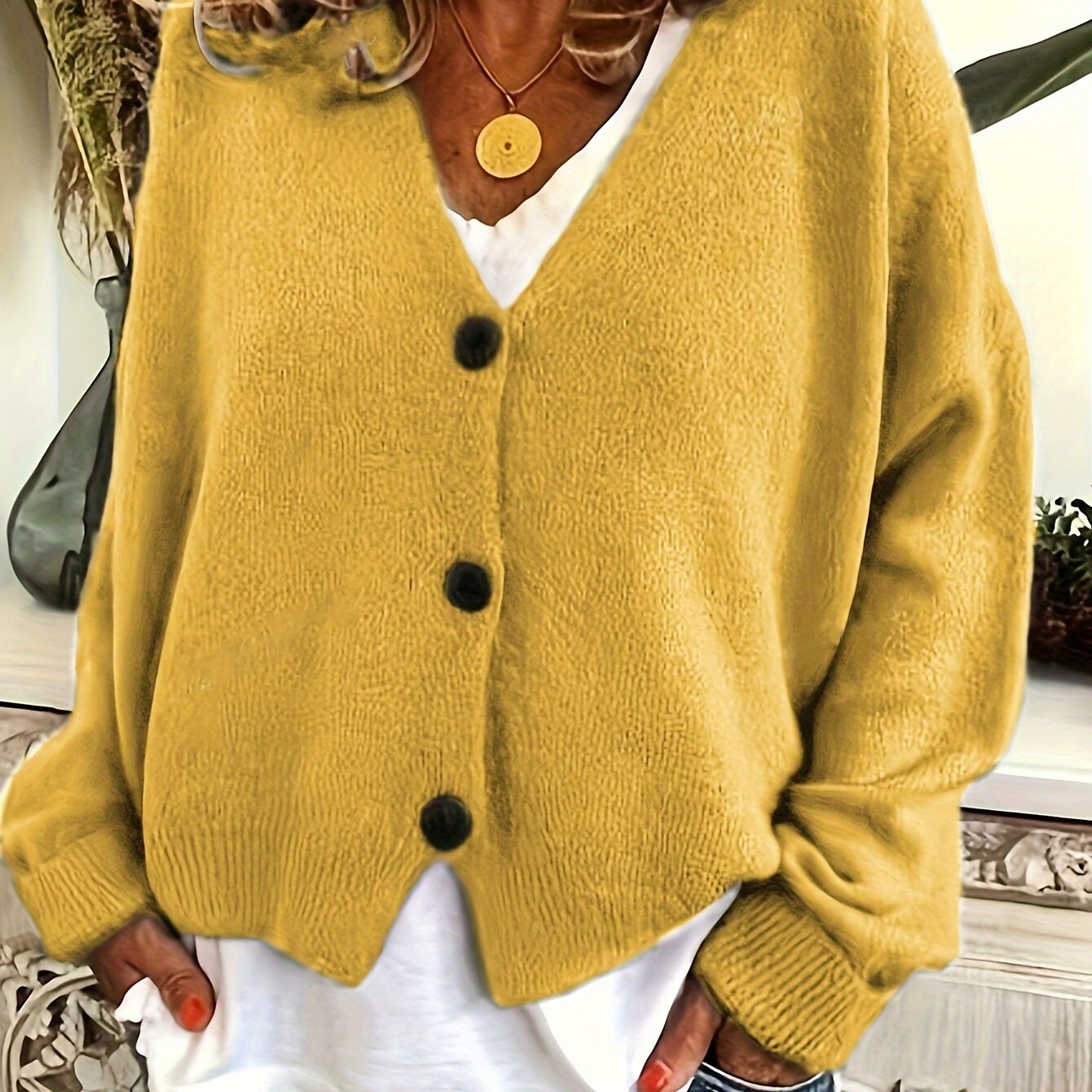 

Elegant Mustard -neck Cardigan - Chic Button-up Knit Sweater With Ribbed Hem, Soft Polyester & Spandex , Fall/winter, Sweater For Fall