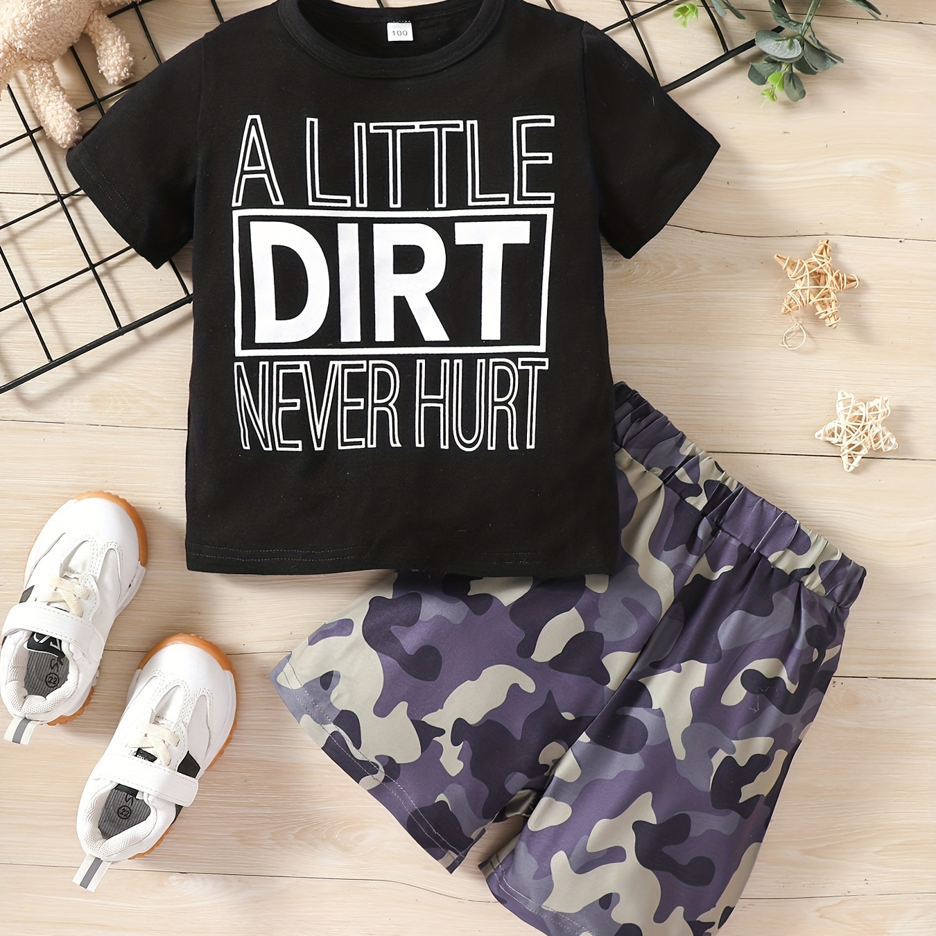 

Boys "a Little Dirt Never Hurt" Casual Outfit Round Neck T-shirt & Camouflage Shorts Kids Summer Clothes Sets