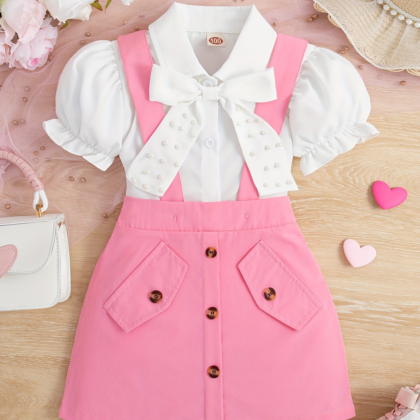 

2pcs, Solid Color Beaded Bow Decor Puff Sleeve Lapel T-shirt + Button Decor Suspender Skirt Set For Girls, Cute And Trendy Holiday Set Summer Gift, Girls' Clothing