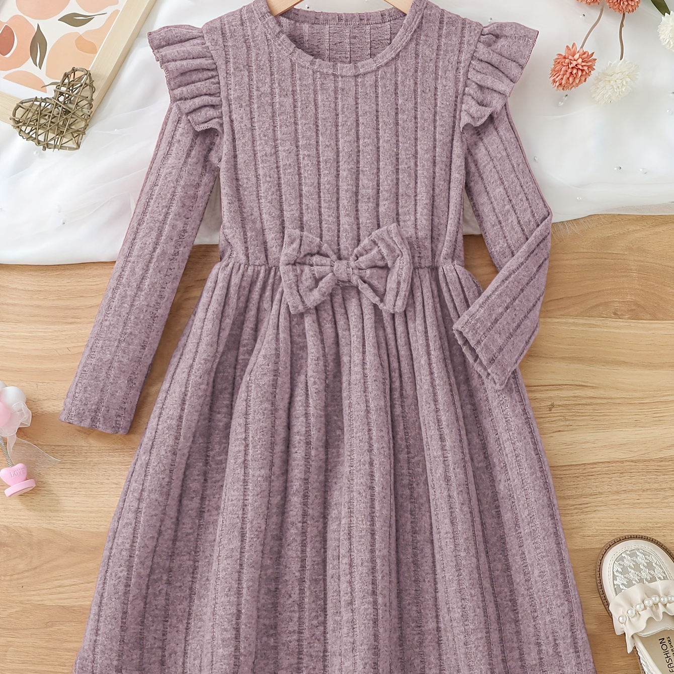 

' Bow-knot Long Sleeve Dress - Casual Knit Fabric, Spring & Fall