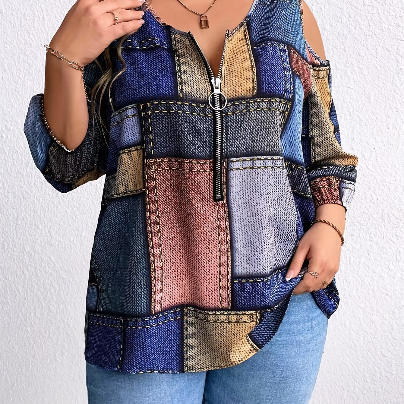 

Plus Size Patchwork Print Zip Front T-shirt, Casual Cold Shoulder 3/4 Sleeve Top For Spring & Fall, Women's Plus Size Clothing