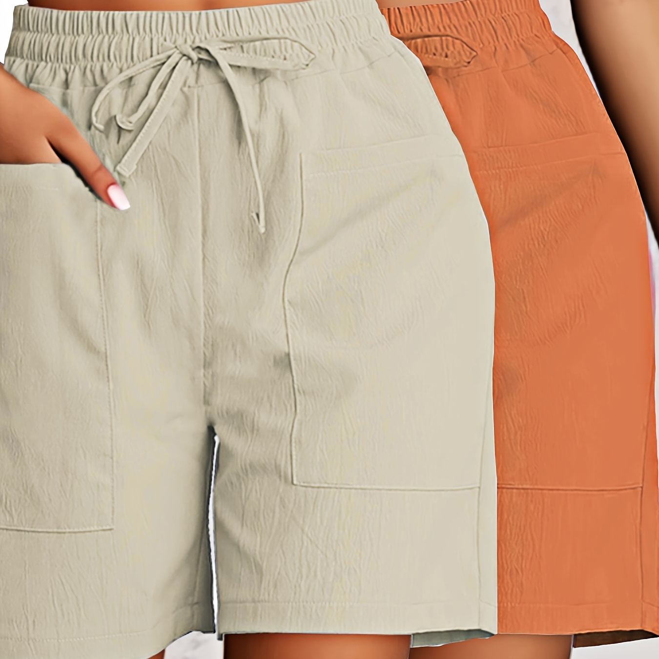 

2pcs Patched Pocket Drawstring Shorts, Casual Solid Color Double Pockets Cargo Shorts For Summer & Spring, Women's Clothing