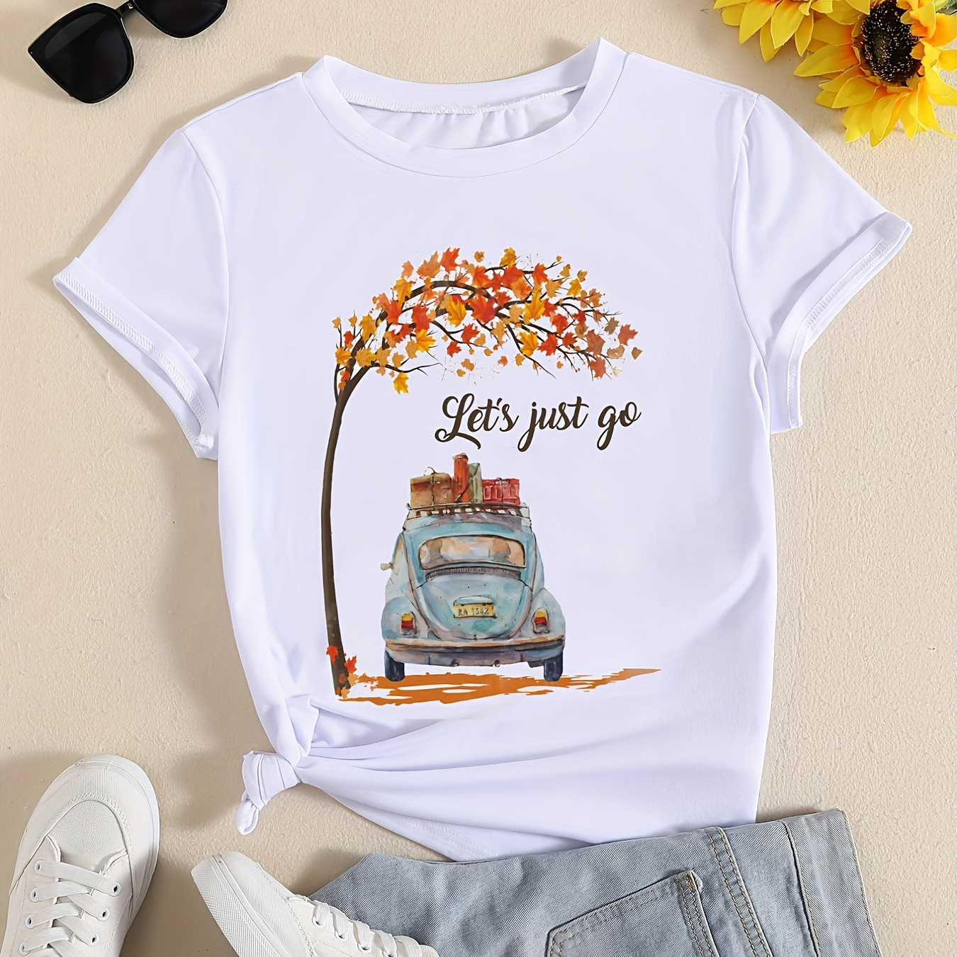 

Letter & Car Print T-shirt, Crew Neck Short Sleeve T-shirt, Casual Every Day Tops, Women's Clothing