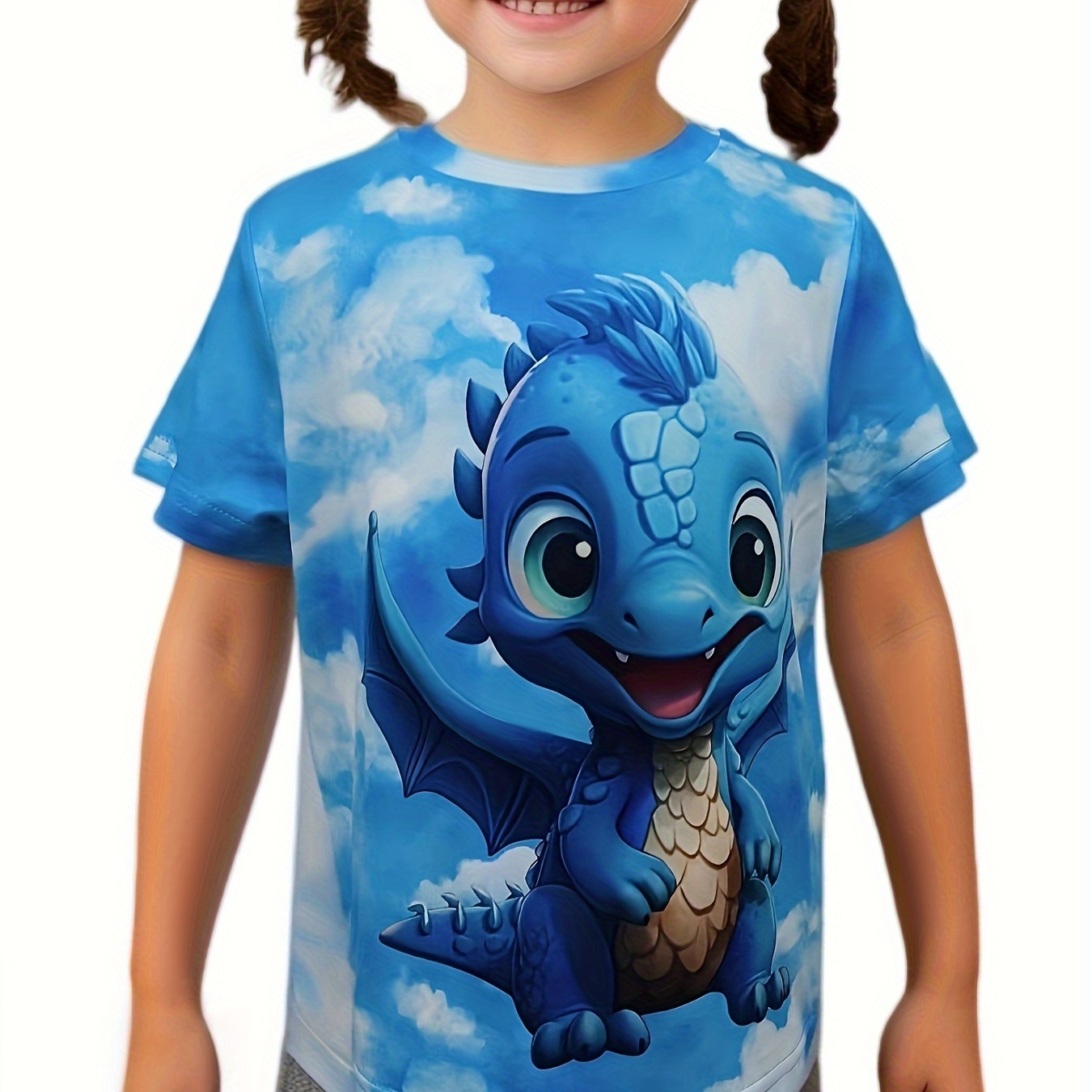 

3d Cartoon Dragon Graphic Short Sleeve T-shirt Top For Girls Summer Gift Outdoor