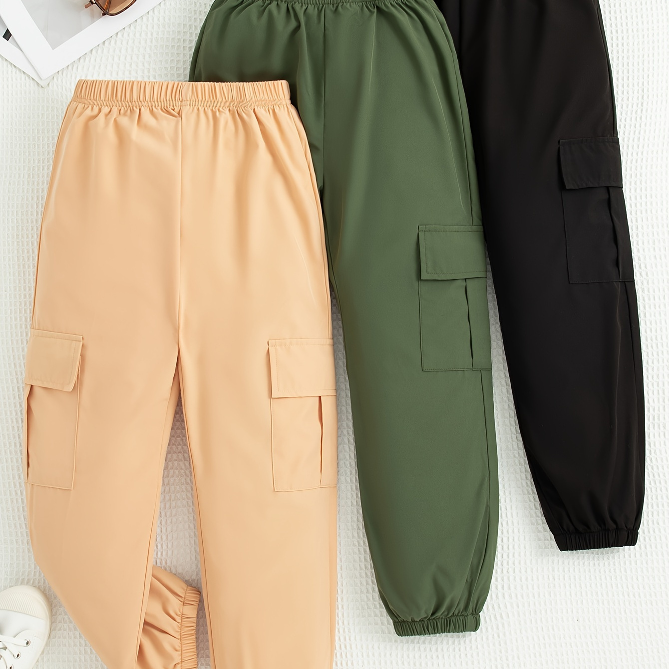 

Girls 3pcs/set Casual & Versatile Solid Colored Cargo Pants With Flap Pockets For Spring & Fall