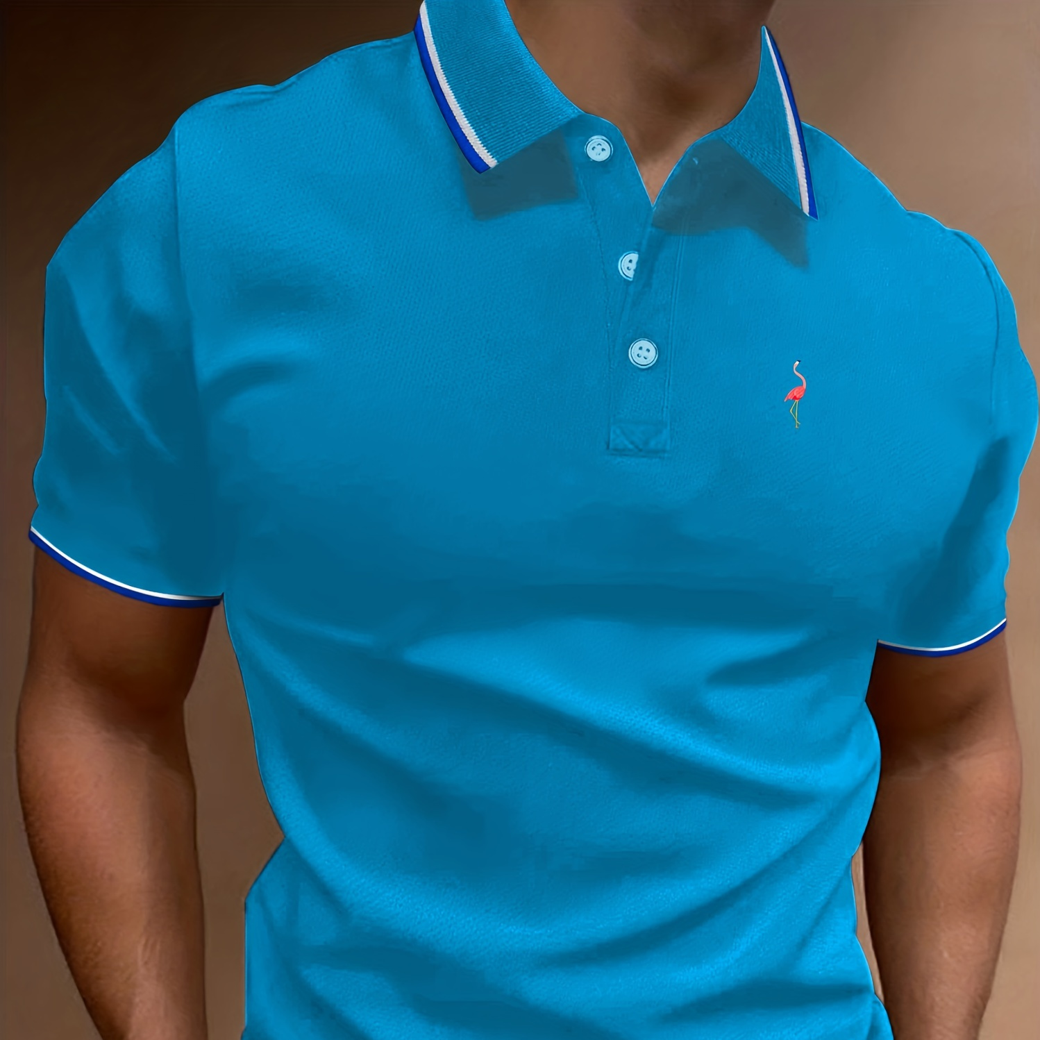 

Flamingo Print, Men's Casual Comfy Fit Tipped Cuffs Golf Shirt