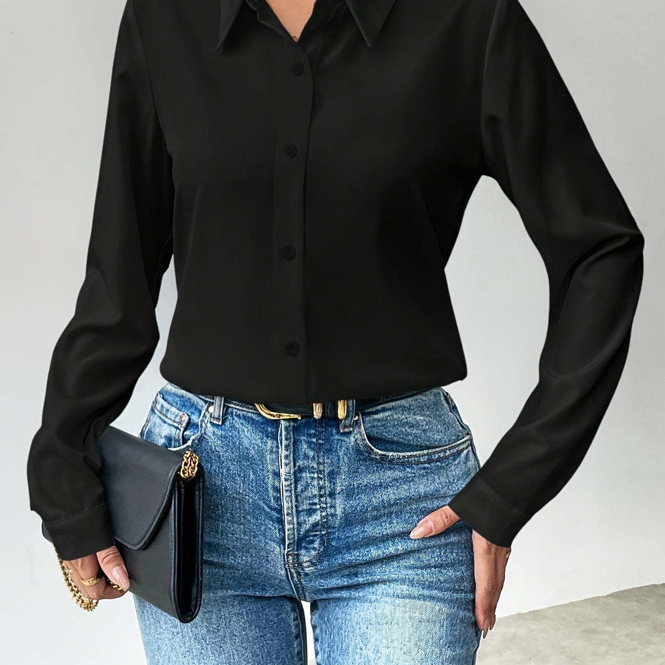 

Solid Color Button Front Shirt, Long Sleeve Shirt For Office & Work, Women's Clothing