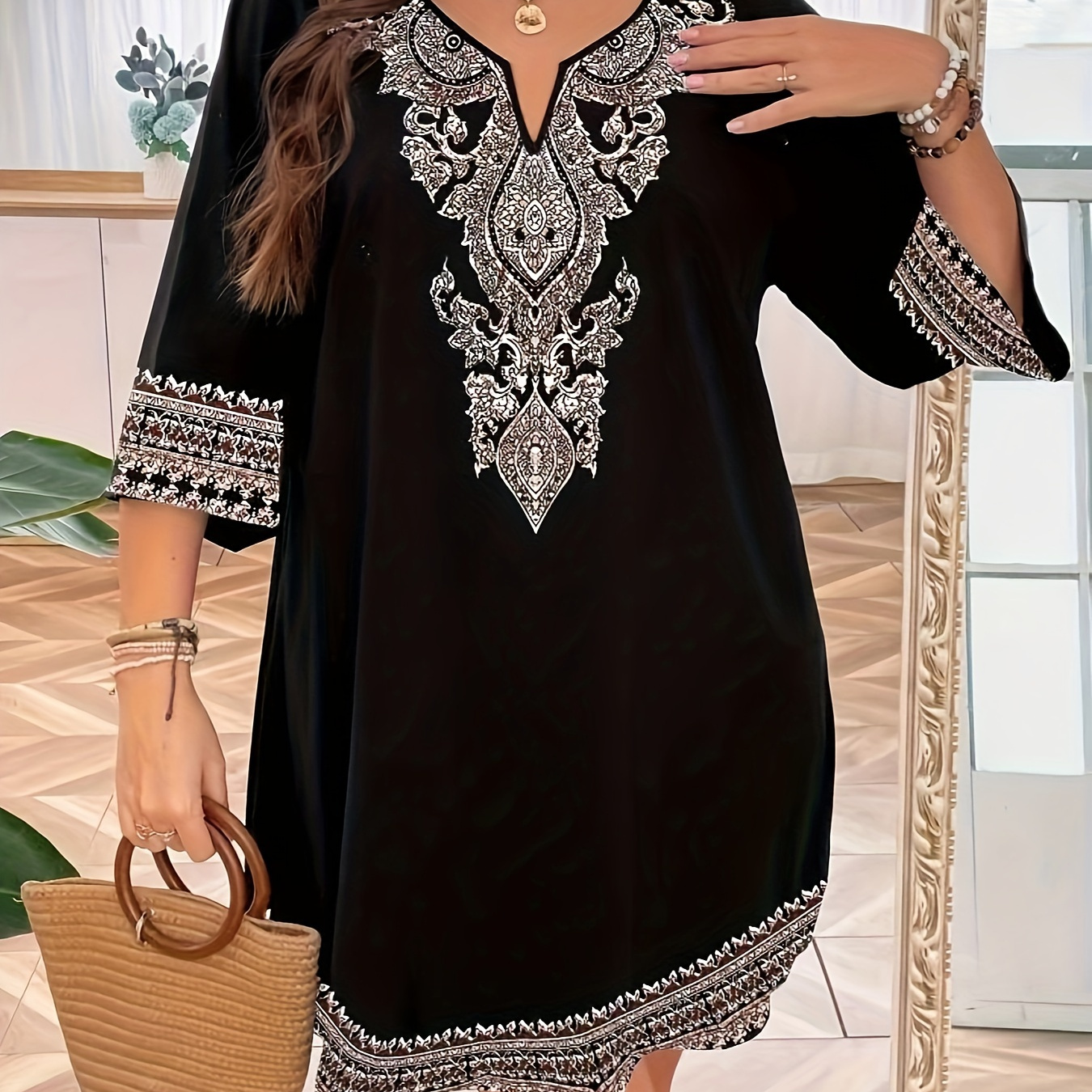 

Plus Size Ethnic Print 3/4 Sleeve Dress, Elegant Notched Neck Above Knee Dress For Spring & Summer, Women's Plus Size Clothing