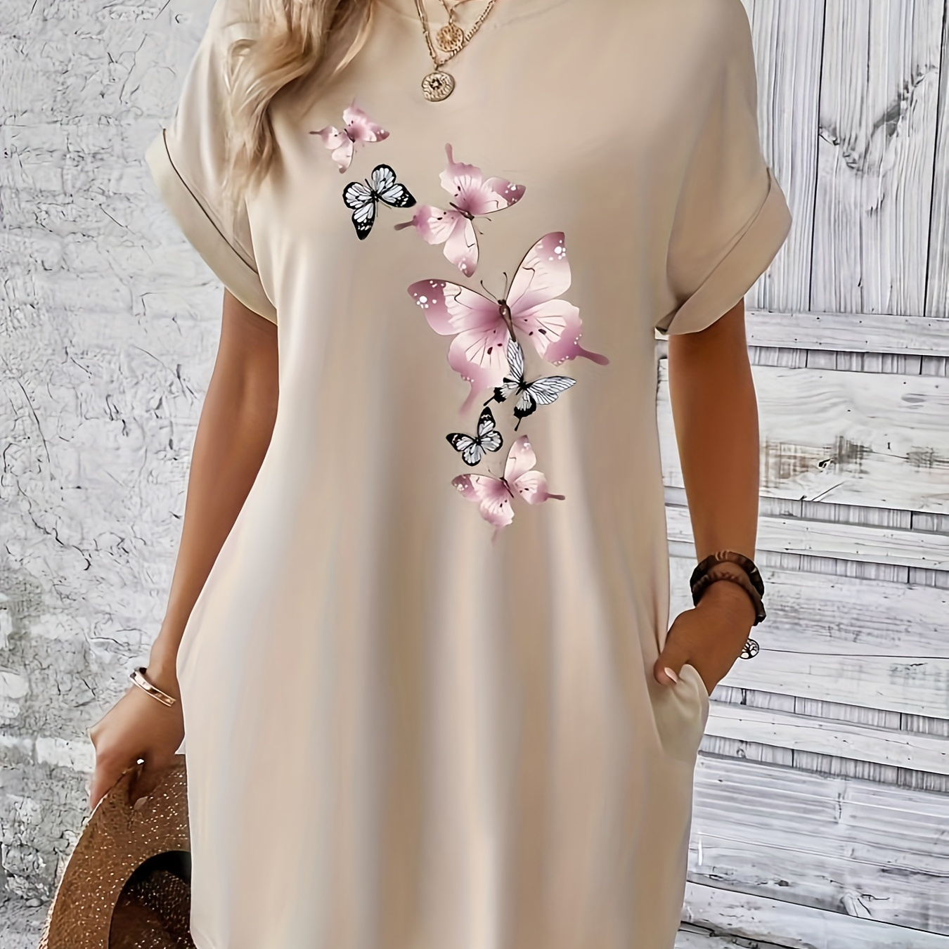 

Floral Print Crew Neck Dress, Casual Short Sleeve Dress For Spring & Summer, Women's Clothing