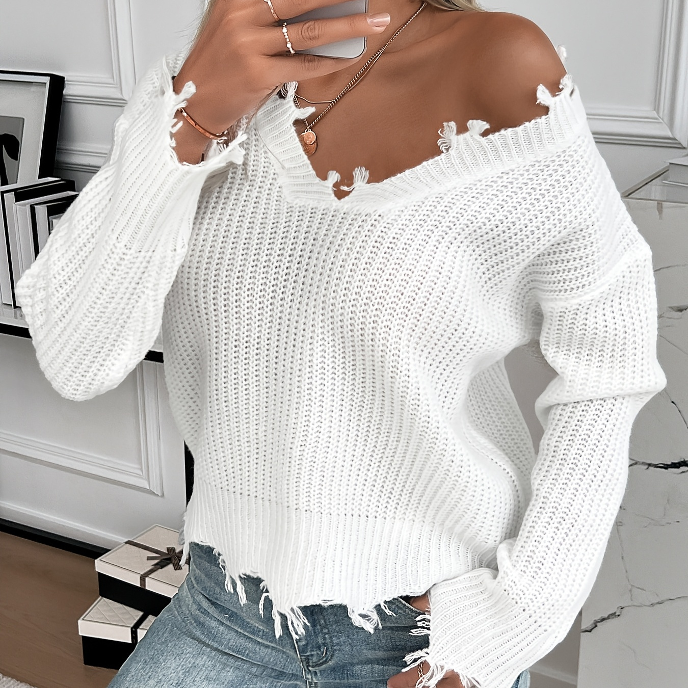 

Women's Asymmetrical Neck Hem Long Sleeve Pullover Sweater, Acrylic Knit Fabric, Regular Fit, Solid Color, Medium Stretch, For Fall/winter Collection