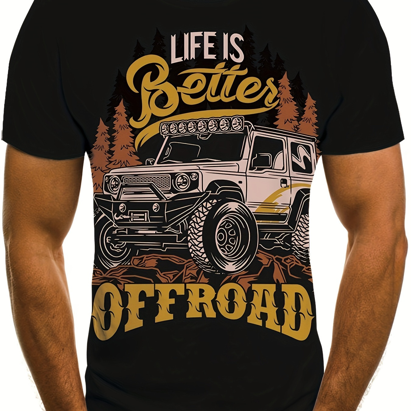 

Life Is Better Offroad & Suv Car Pattern Print Crew Neck Short Sleeve T-shirt For Men, Casual Summer T-shirt For Daily Wear And Vacation Resorts