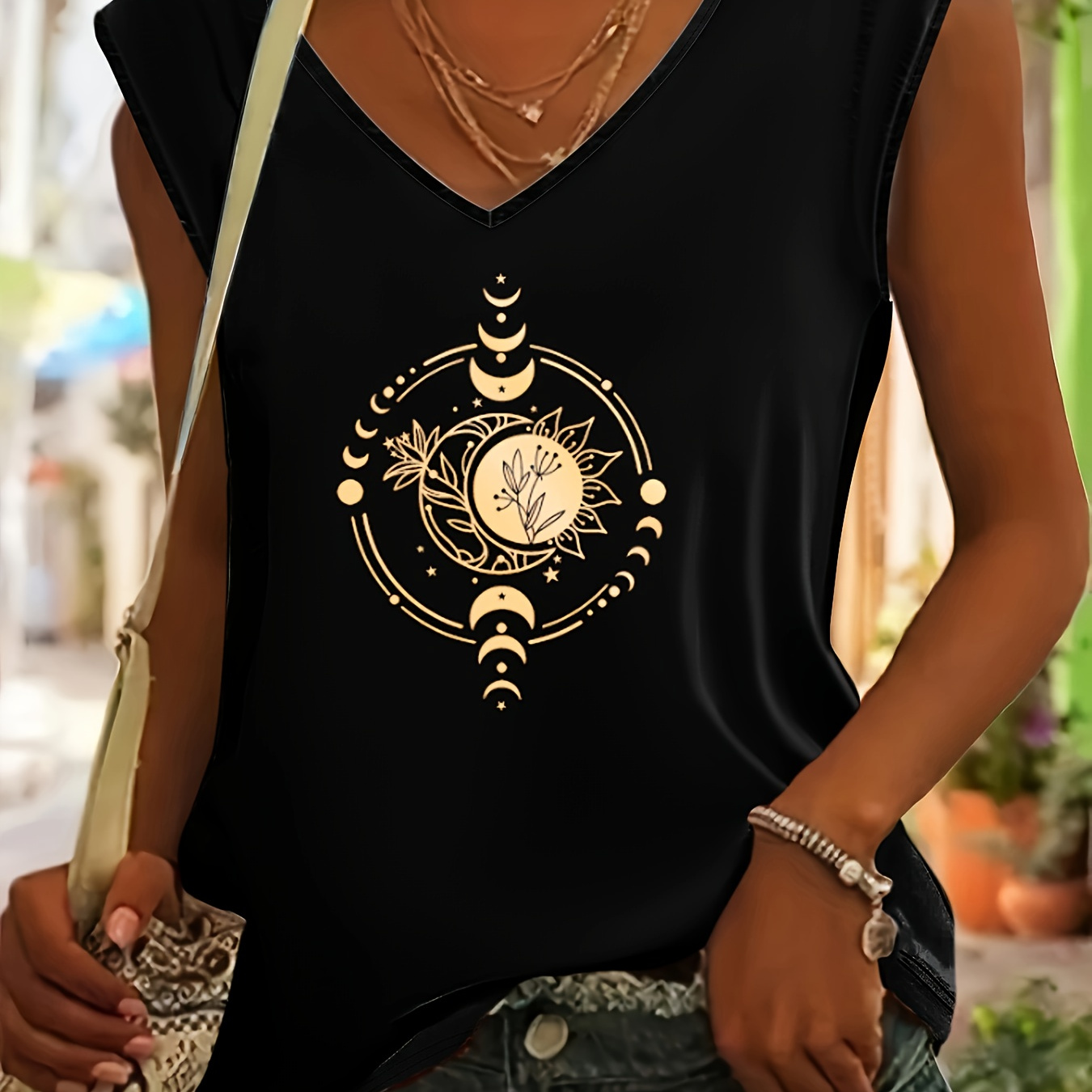 

Plus Size Moon & Sun Print T-shirt, Casual Cap Sleeve Top For Spring & Summer, Women's Plus Size Clothing