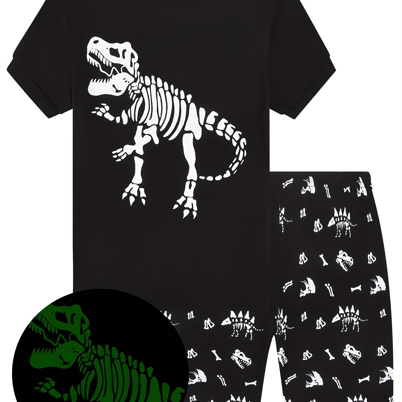 

2 Pcs Boys Luminous Pajama Sets, Slight Stretch Casual Short Sleeve Crew Neck Cotton T-shirt With Cartoon Dinosaur Print And Elastic Waist Shorts (for 2-8 Years Old)