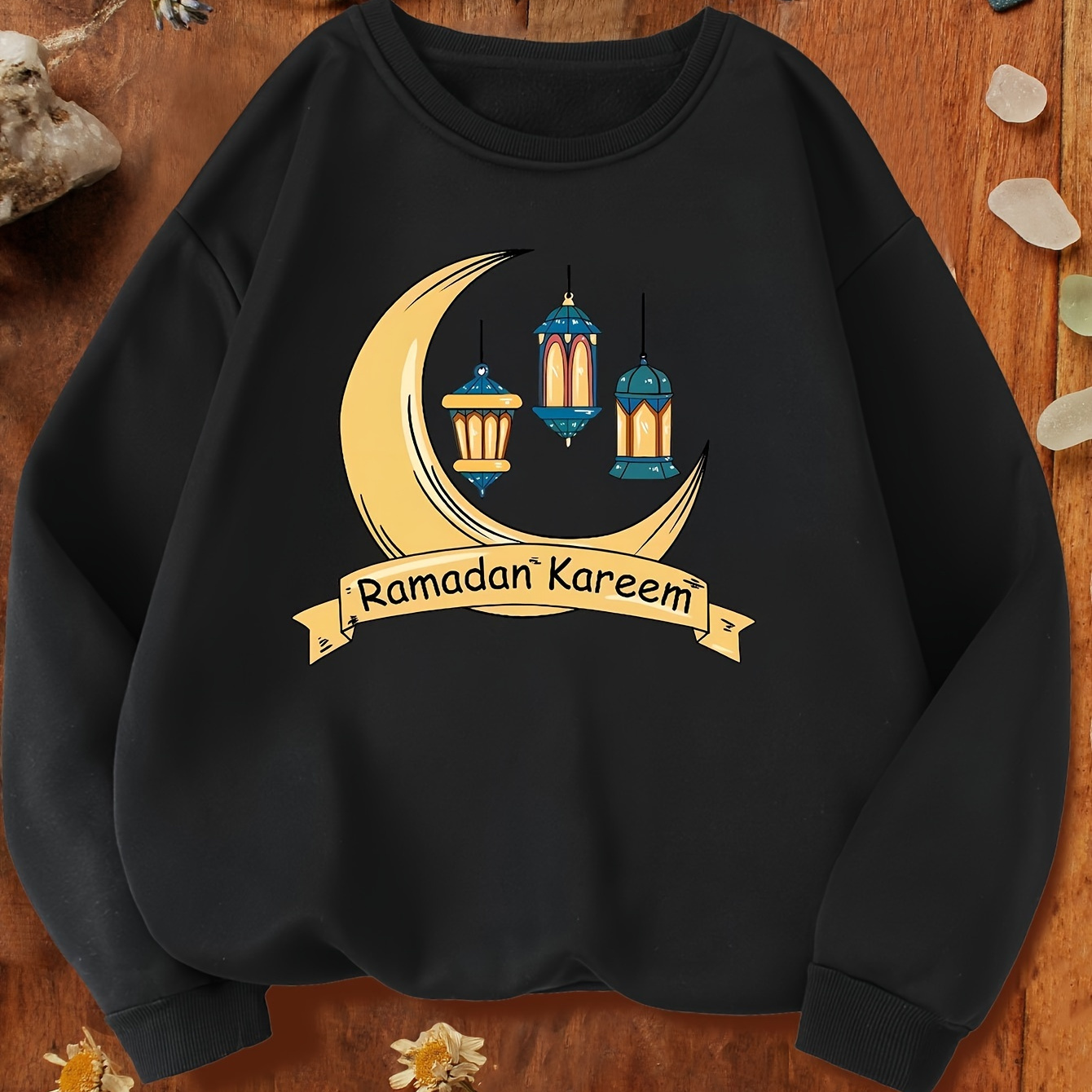 

Ramadan Moon Graphic Round Neck Sweatshirt, Long Sleeves Pullover Sports Tops, Women's Activewear