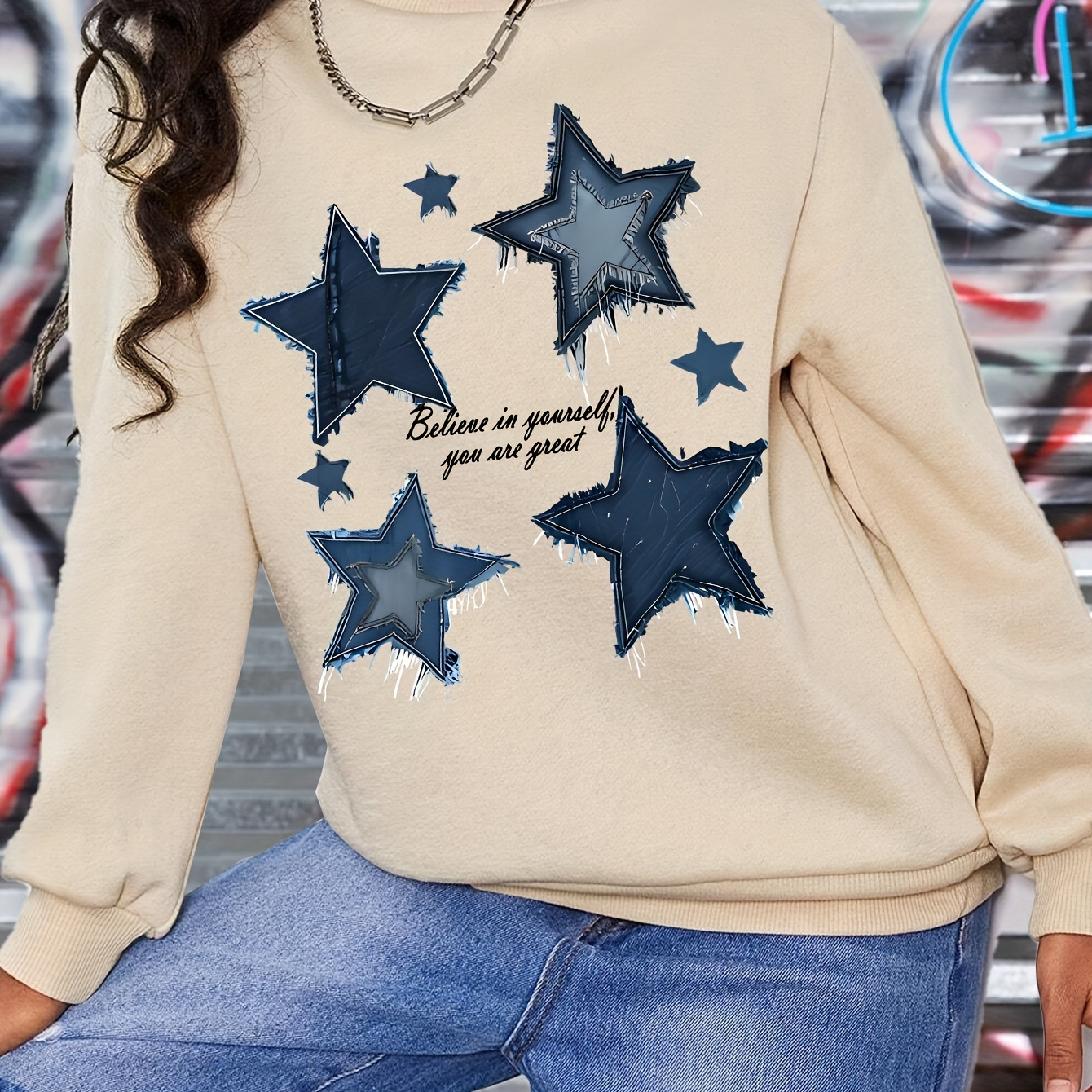 

Girls' Long Sleeve Star & "believe In Yourself You Are Great" Graphic Sweatshirt, Casual Fashion Pullover, Warm And Cozy Top