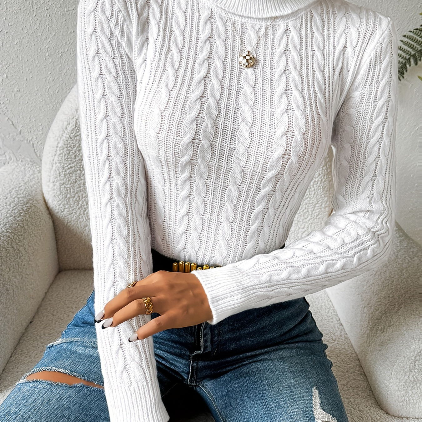 

Solid Turtle Neck Cable Knit Sweater, Casual Long Sleeve Slim Sweater, Women's Clothing