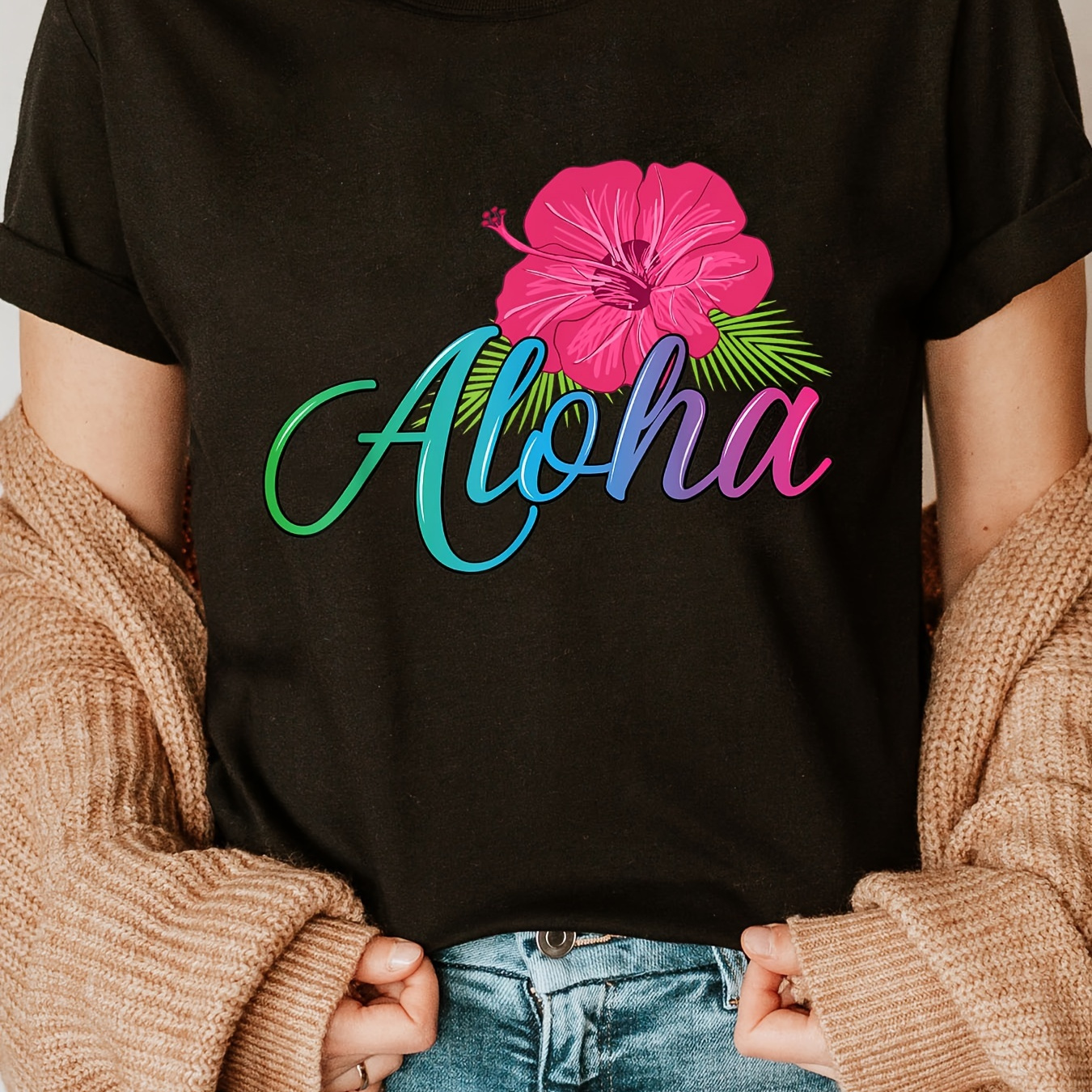 

Aloha Floral Print Crew Neck T-shirt, Short Sleeve Casual Top For Summer & Spring, Women's Clothing