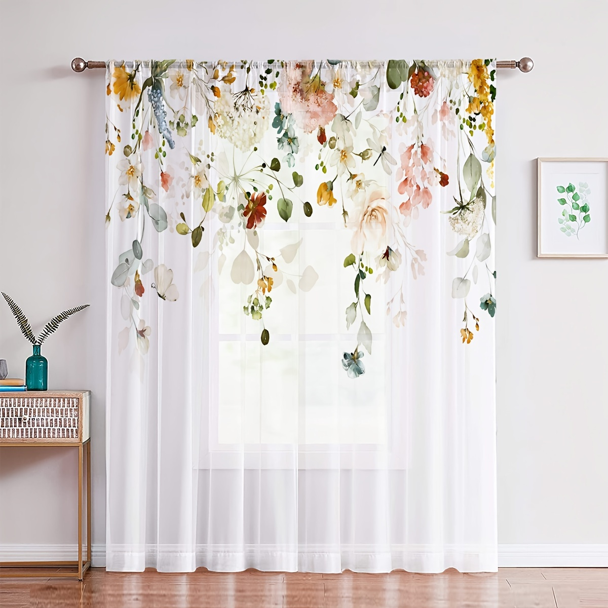 2pcs Nature-Inspired Watercolor Floral Sheer Curtain for Home Living Room Decor - Colorful Eucalyptus Leaves and Plants