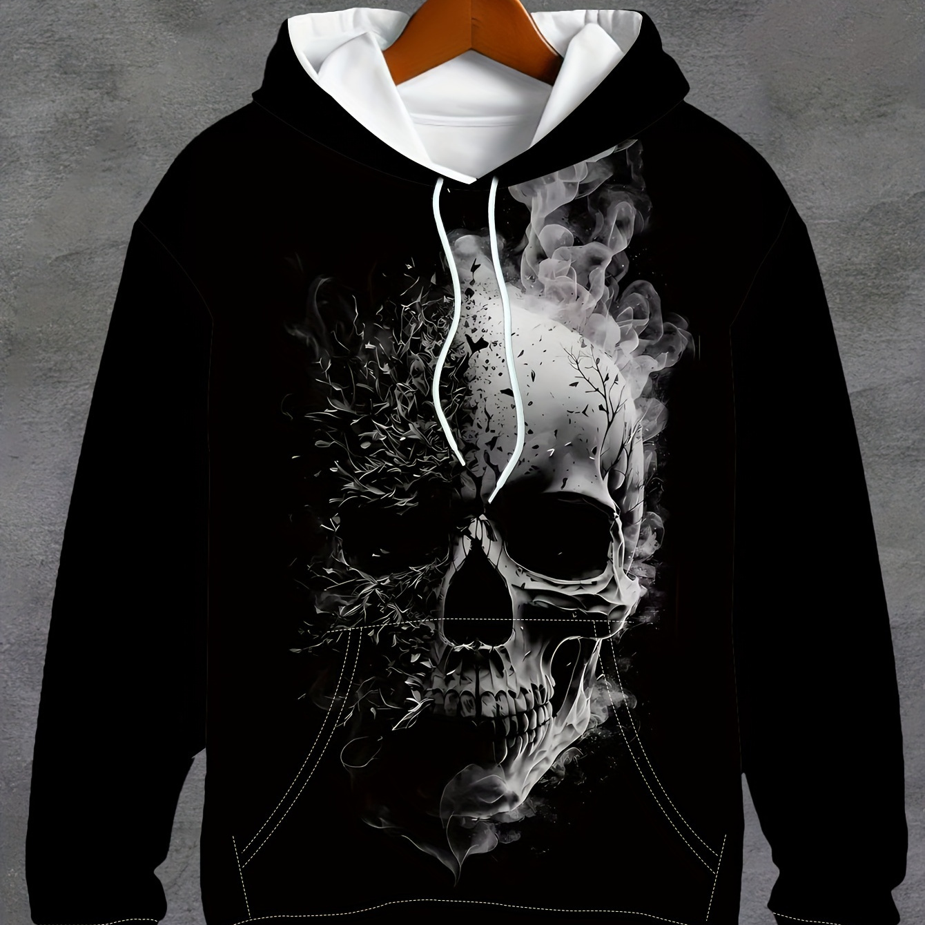 

3d Digital Skull, Floral And Smoke Print Hooded Sweatshirt With Drawstring And Kangaroo Pocket, Men's Sports Fashion Hoodie For Winter And Fall Street Wear