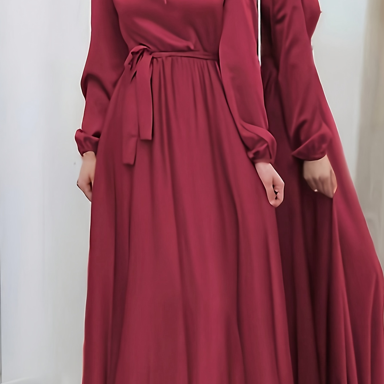 

Solid Color Tie Waist Simple Dress, Elegant Long Sleeve Maxi Dress For Spring & Fall, Women's Clothing