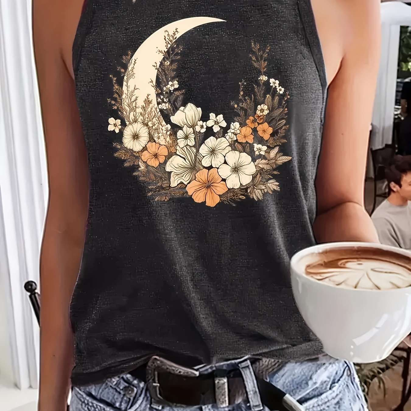 

Plus Size Moon & Floral Print Tank Top, Sleeveless Casual Top For Summer & Spring, Women's Plus Size Clothing