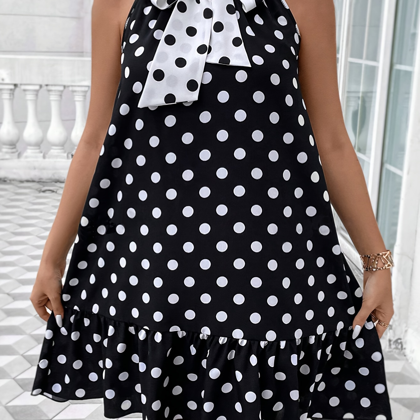 

Plus Size Polka Dot Print Ruffle Hem Dress, Casual Sleeveless Tie Front Dress For Spring & Summer, Women's Plus Size Clothing
