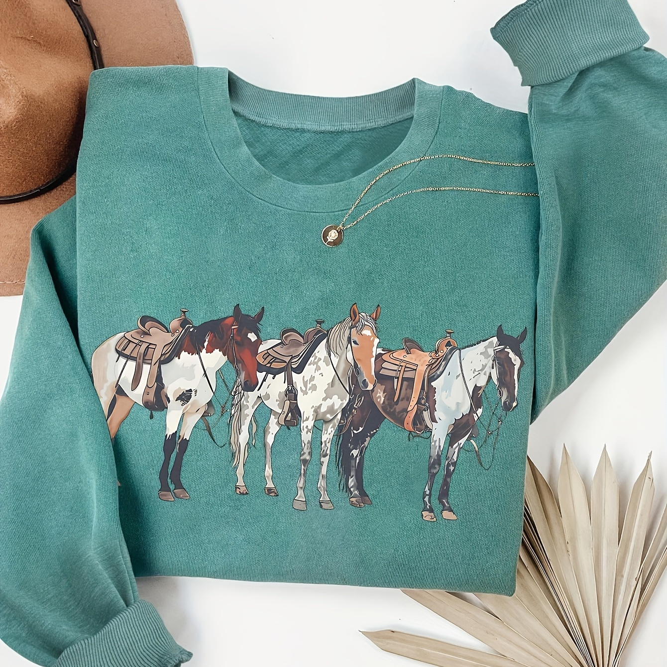 

Women's Casual Crew Neck Sweatshirt With Cartoon Horse , Polyester Knit Fabric, 230gsm, Spring & Fall - Fashionable Women's Clothing