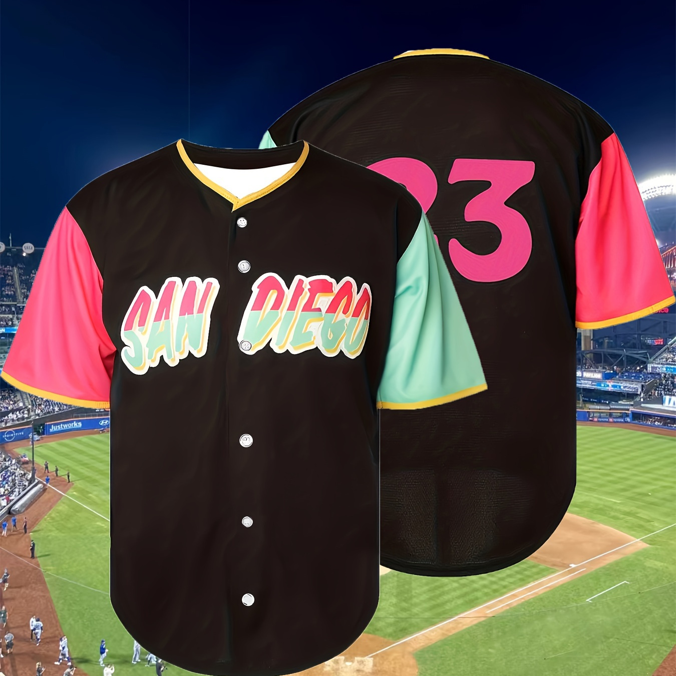 

Men's Alphabet Design Color Blocked Short Sleeve V-neck Loose Button Up Shirt, Men's Summer Baseball Jersey