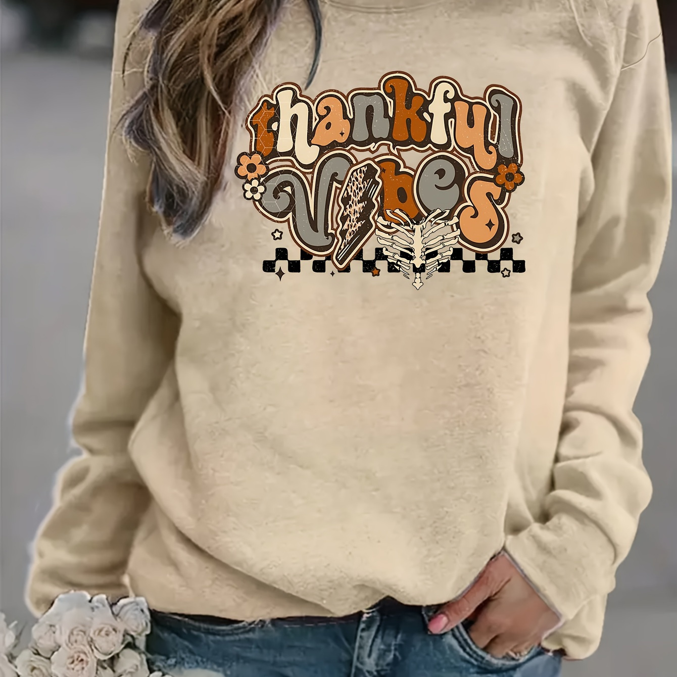 

Thanksgiving Day Sweatshirt, Casual Long Sleeve Crew Neck Sweatshirt For Spring & Fall, Women's Clothing