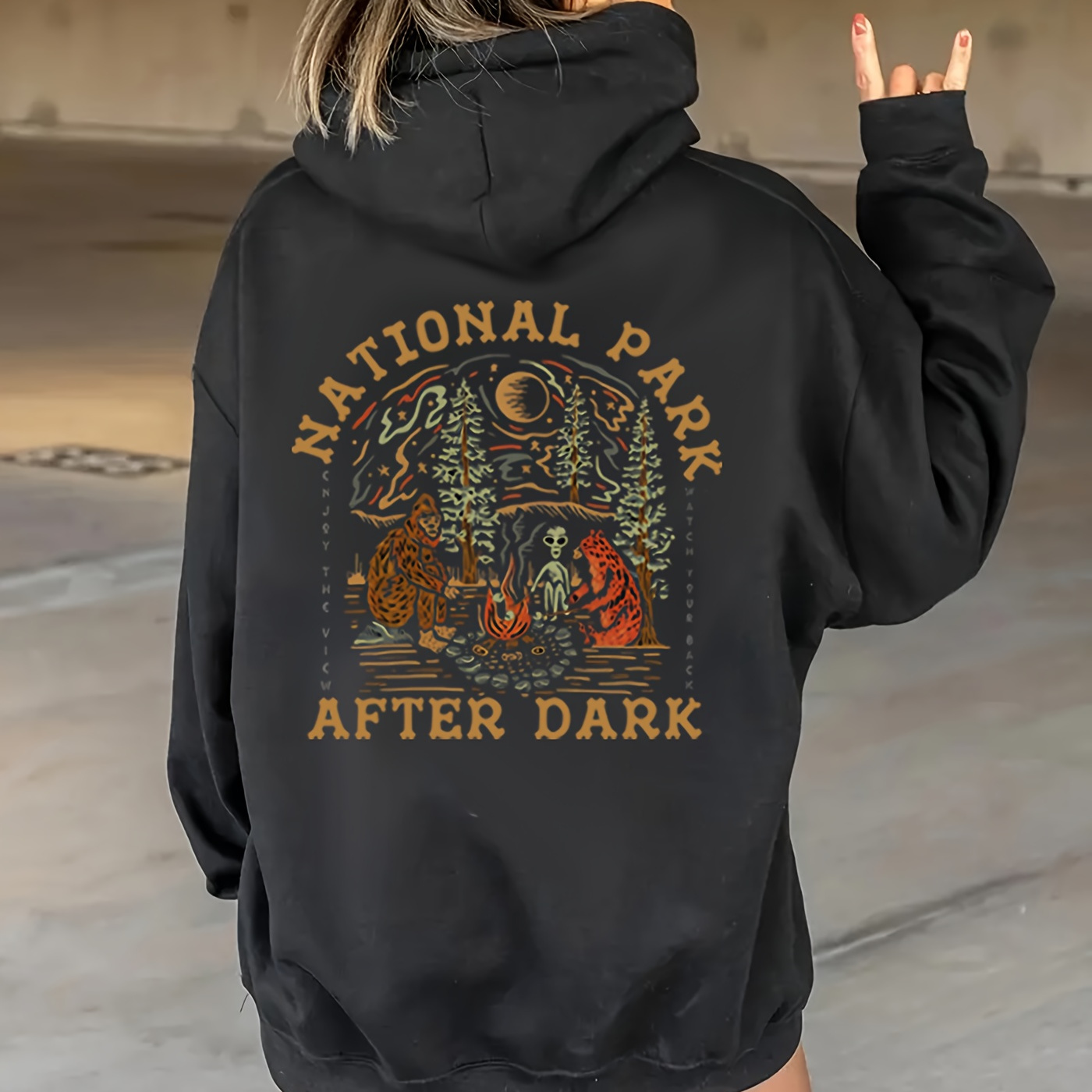 

Women's Casual Pullover Hoodie, "national Park " Letter Print, Polyester Knit With Drawstring, Fashionable Sweatshirt For All