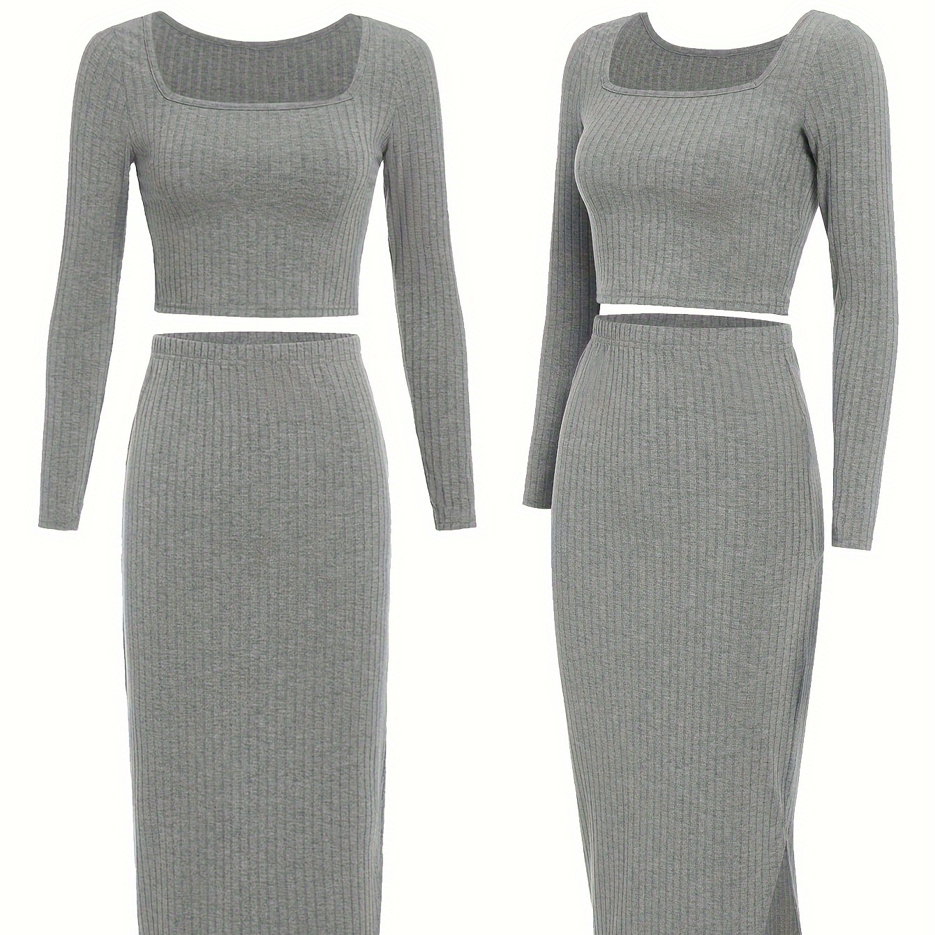 

Girls 2pcs Slim Rib-knit Set Long Sleeve Crop Top & Bodycon Long Skirt Trendy Style For Spring Summer